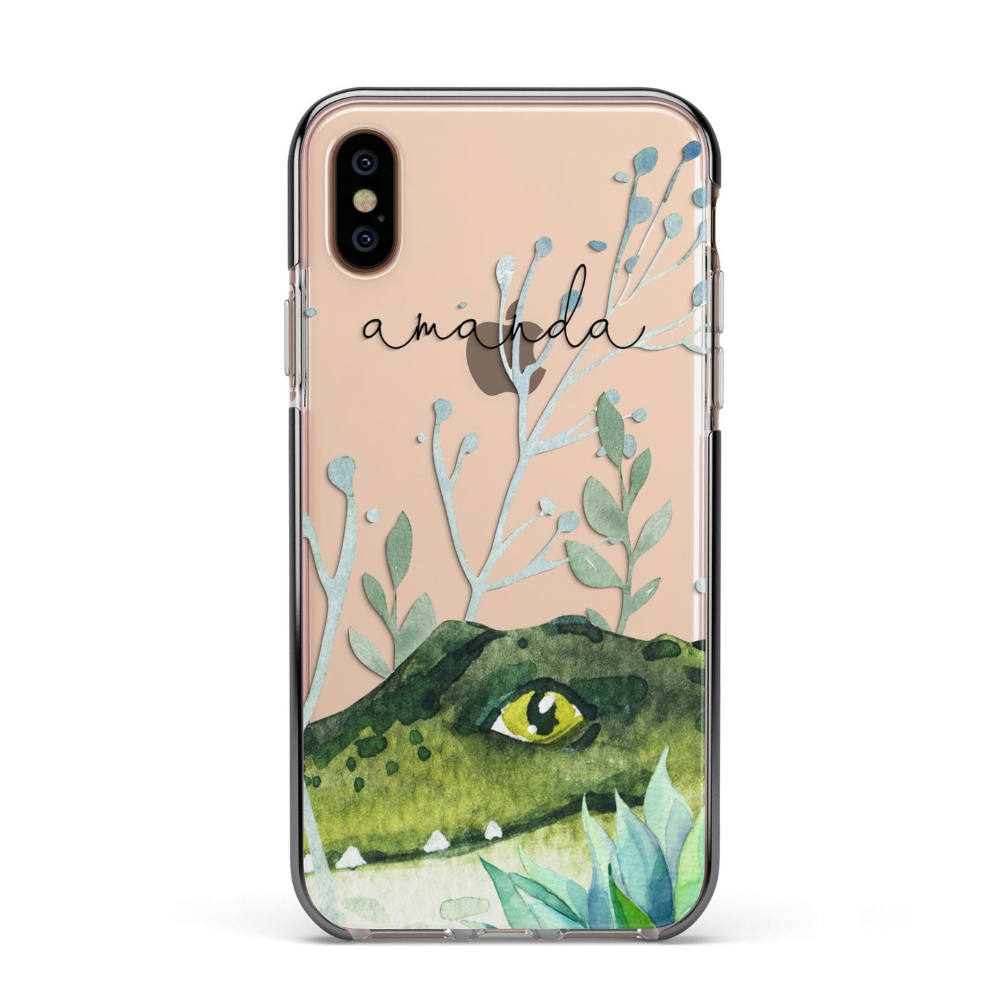 Personalised Alligator Apple iPhone Xs Impact Case Black Edge on Gold Phone