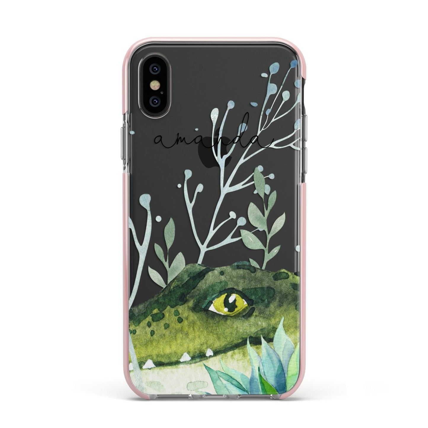 Personalised Alligator Apple iPhone Xs Impact Case Pink Edge on Black Phone