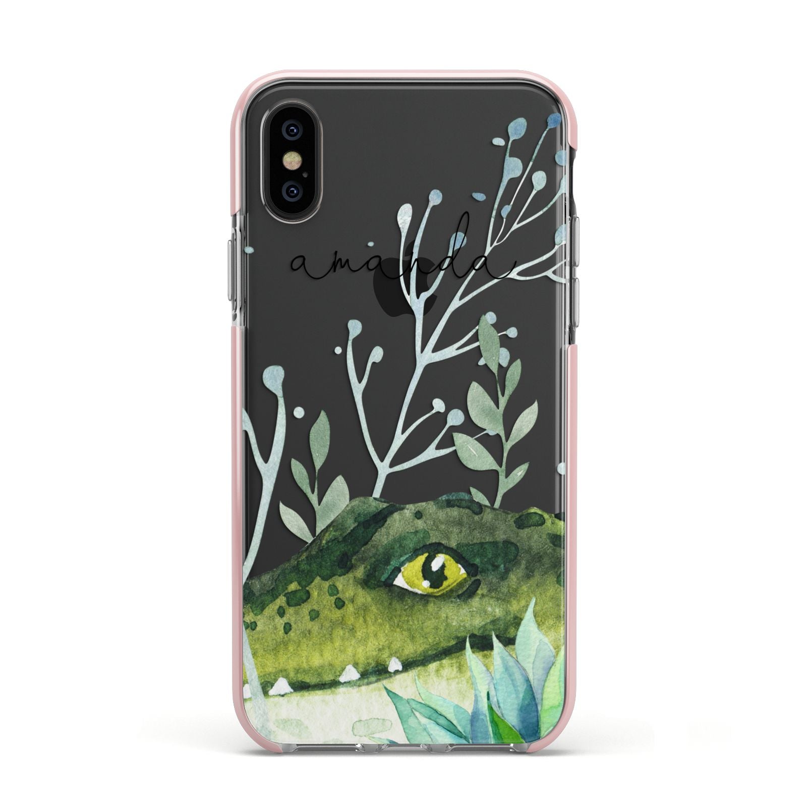 Personalised Alligator Apple iPhone Xs Impact Case Pink Edge on Black Phone