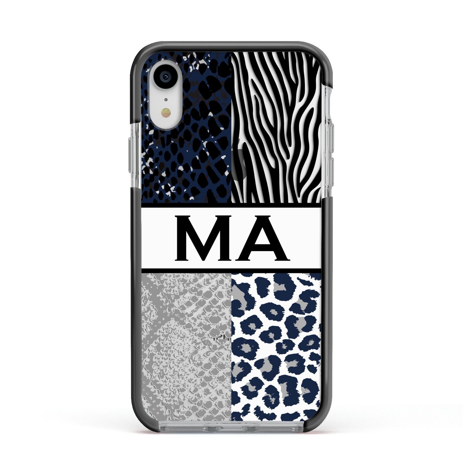 Personalised Animal Print Apple iPhone XR Impact Case Black Edge on Silver Phone