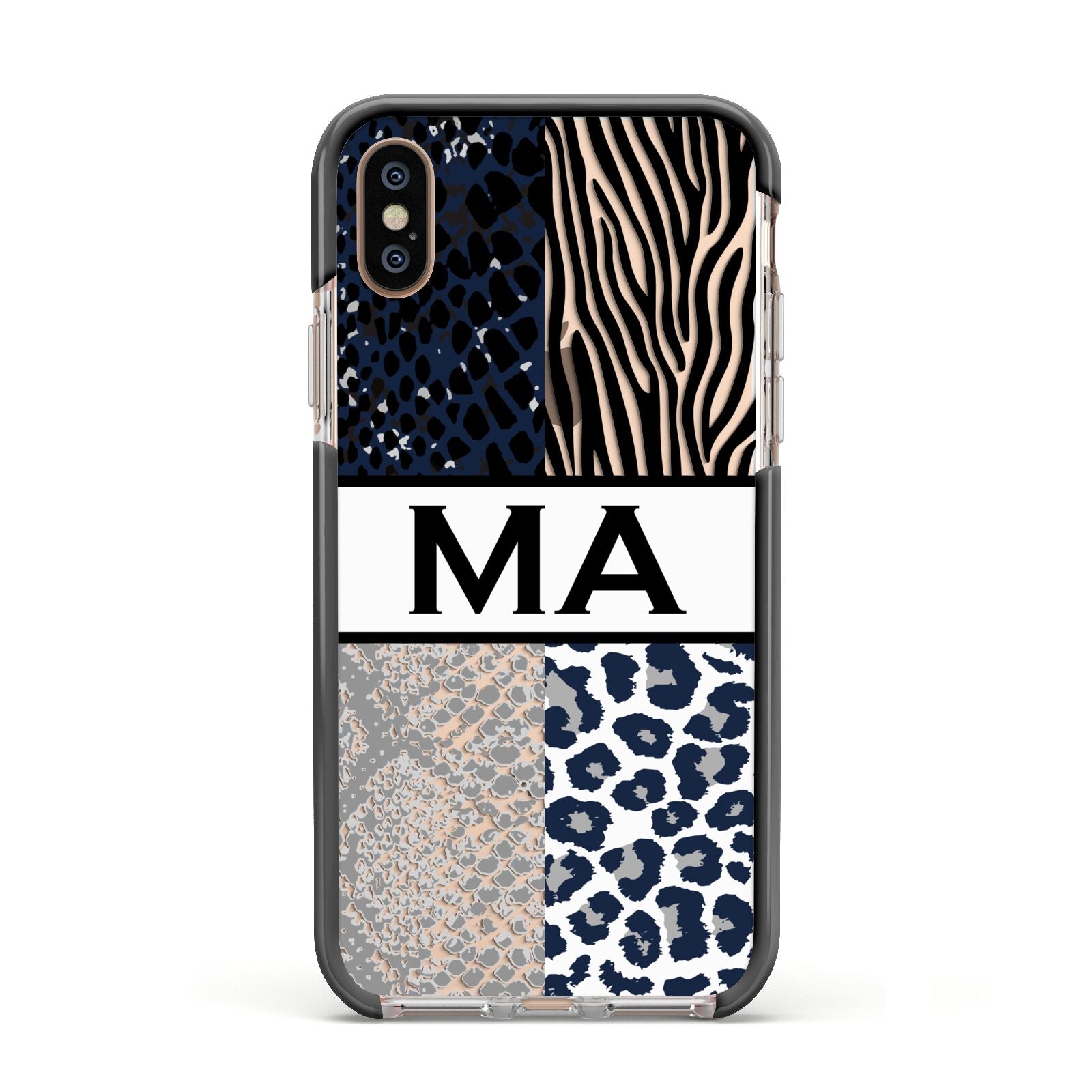 Personalised Animal Print Apple iPhone Xs Impact Case Black Edge on Gold Phone