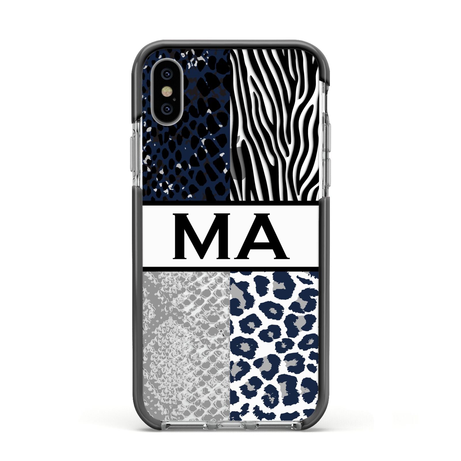 Personalised Animal Print Apple iPhone Xs Impact Case Black Edge on Silver Phone