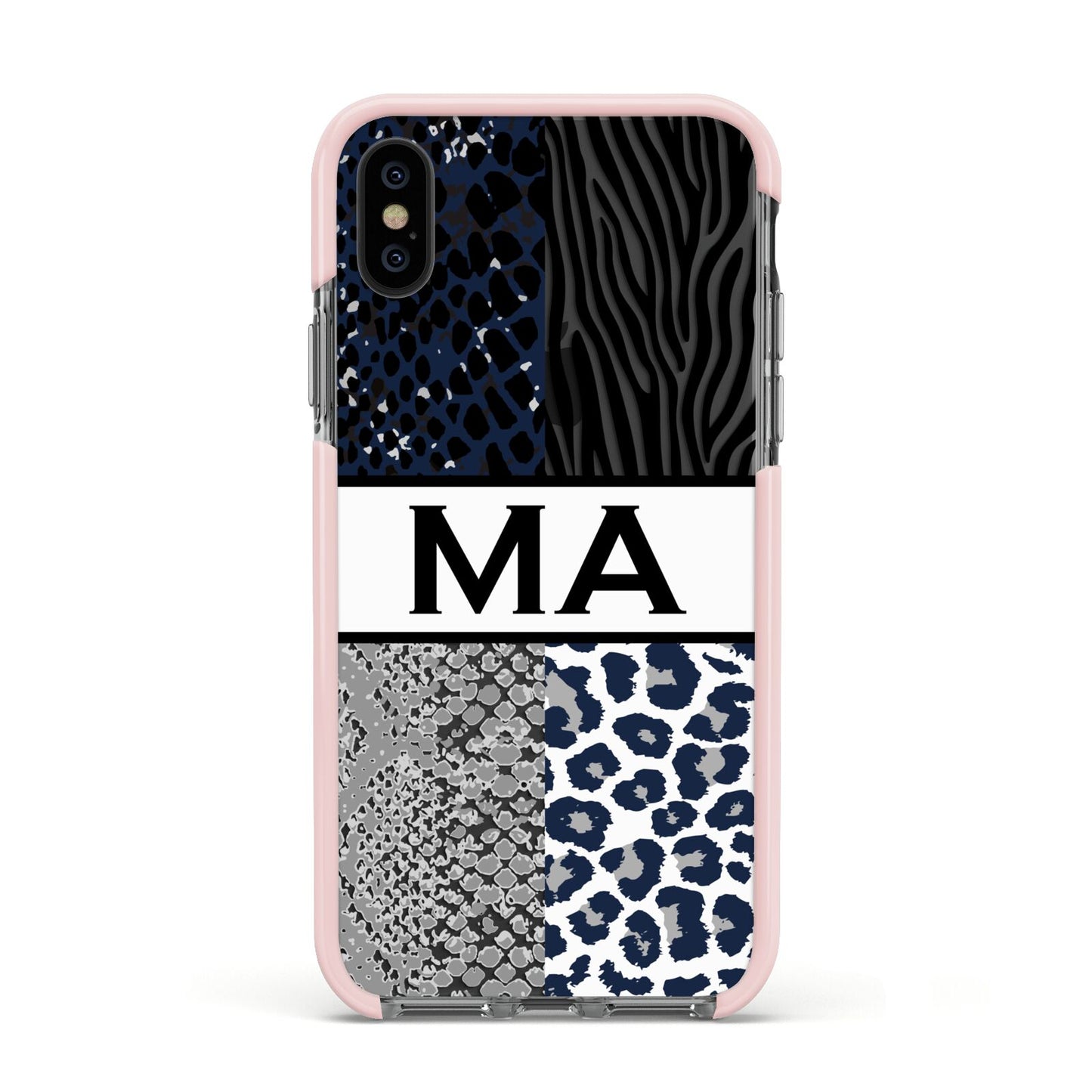 Personalised Animal Print Apple iPhone Xs Impact Case Pink Edge on Black Phone