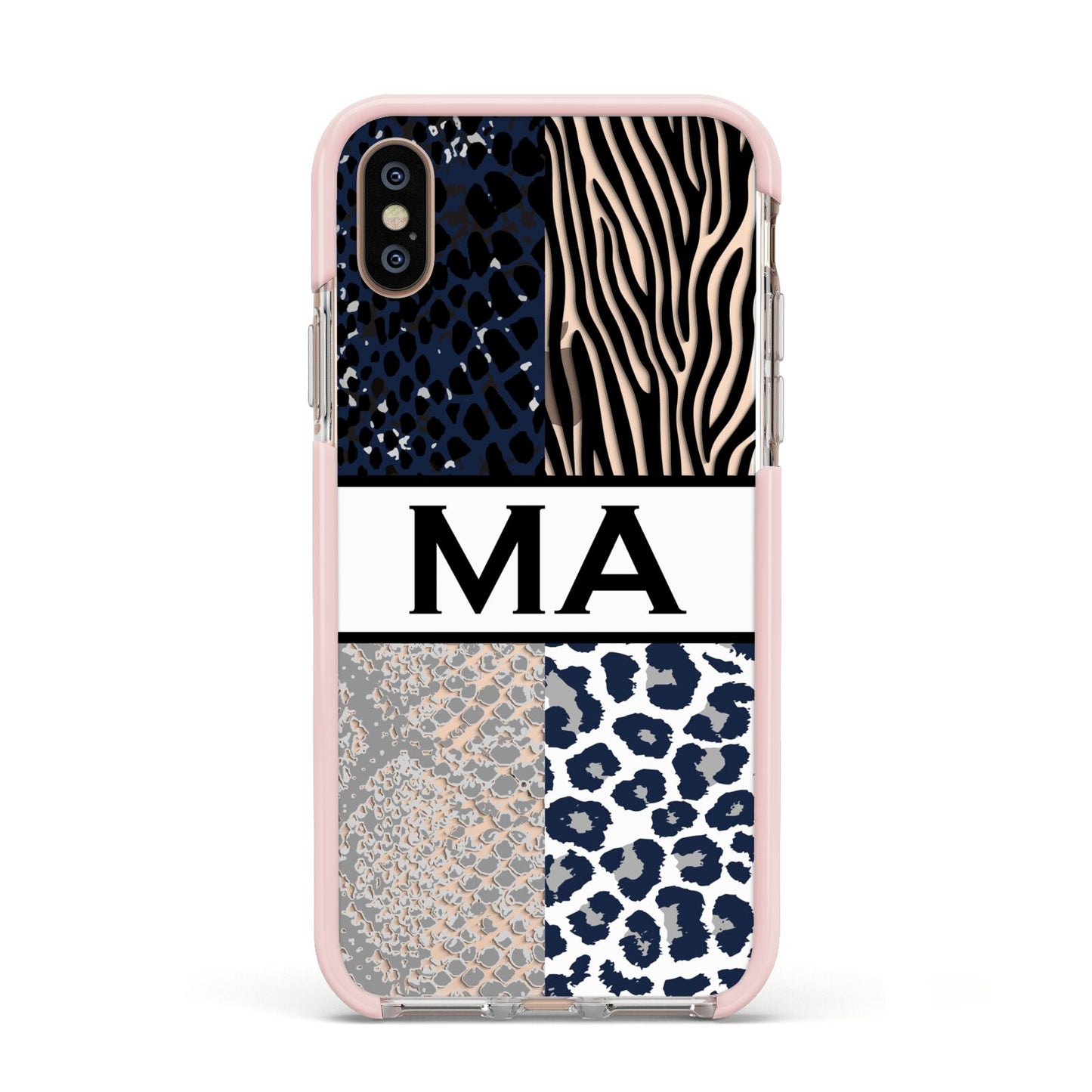 Personalised Animal Print Apple iPhone Xs Impact Case Pink Edge on Gold Phone