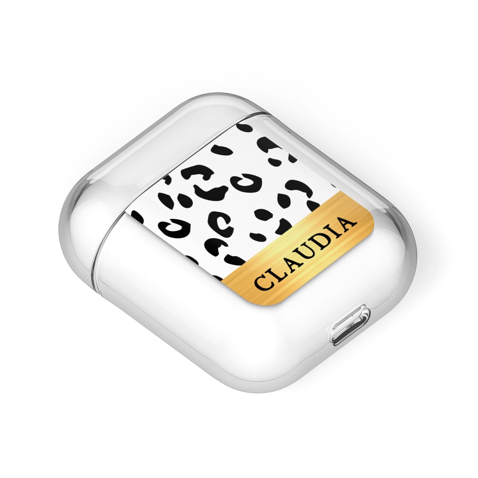 Personalised Animal Print Gold With Name AirPods Case Laid Flat