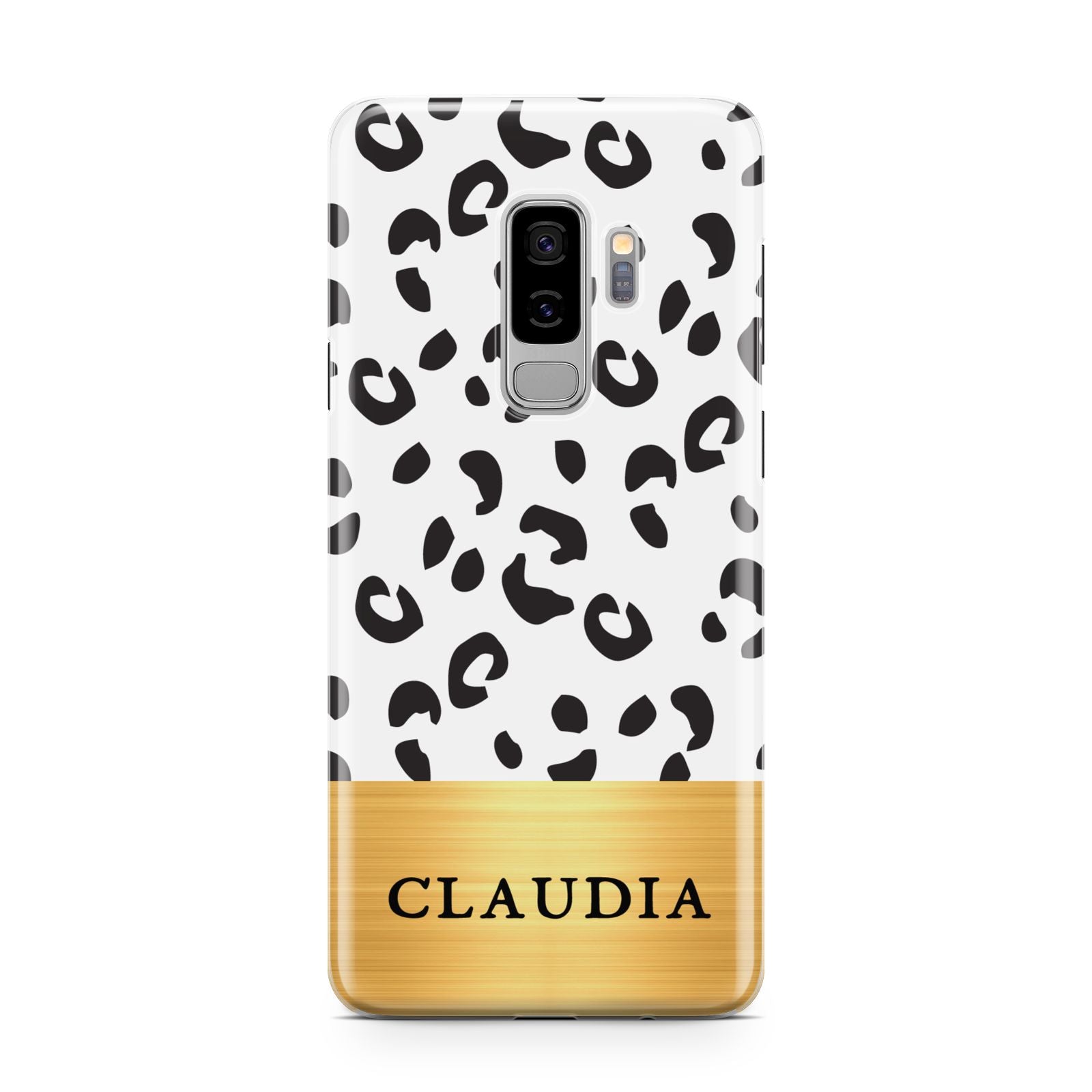 Personalised Animal Print Gold With Name Samsung Galaxy S9 Plus Case on Silver phone