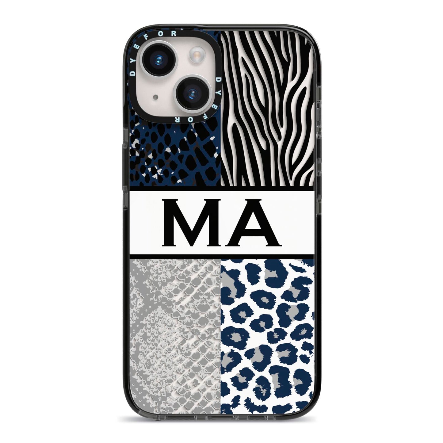 Personalised Animal Print iPhone 14 Black Impact Case on Silver phone