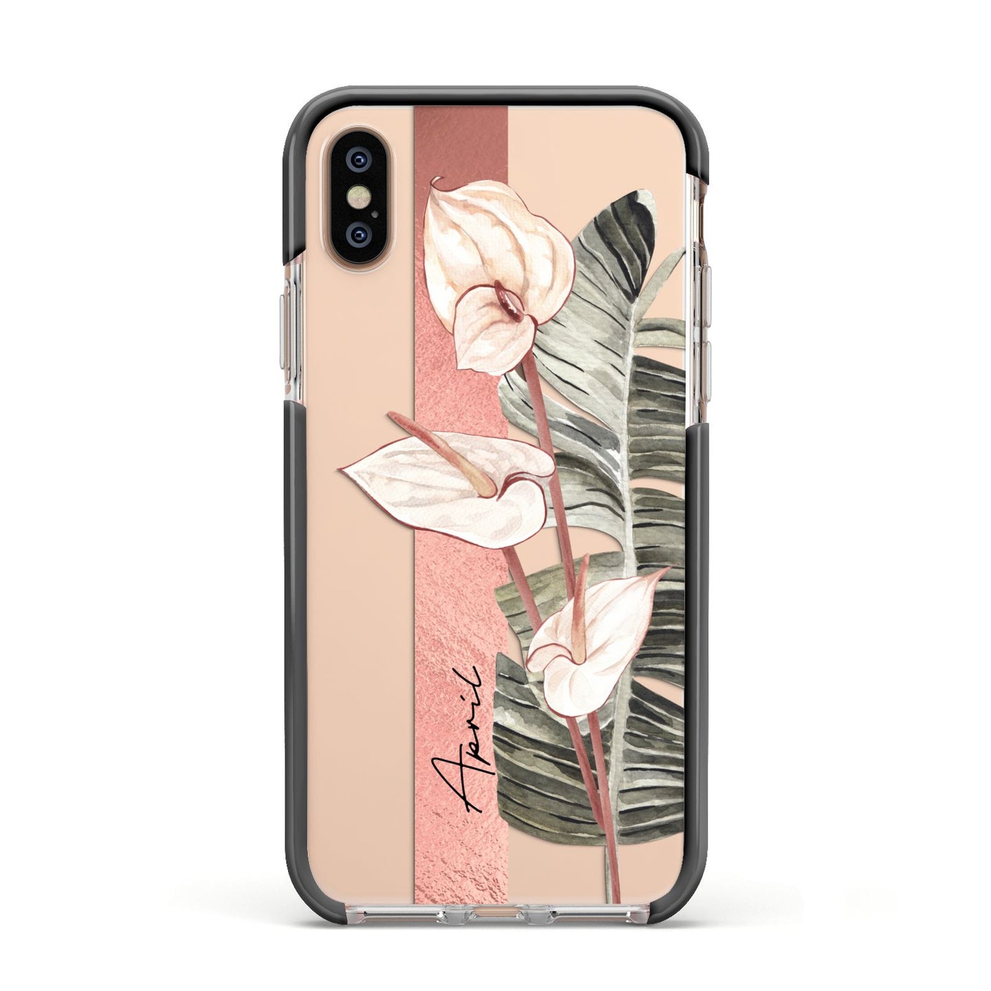 Personalised Anthurium Apple iPhone Xs Impact Case Black Edge on Gold Phone