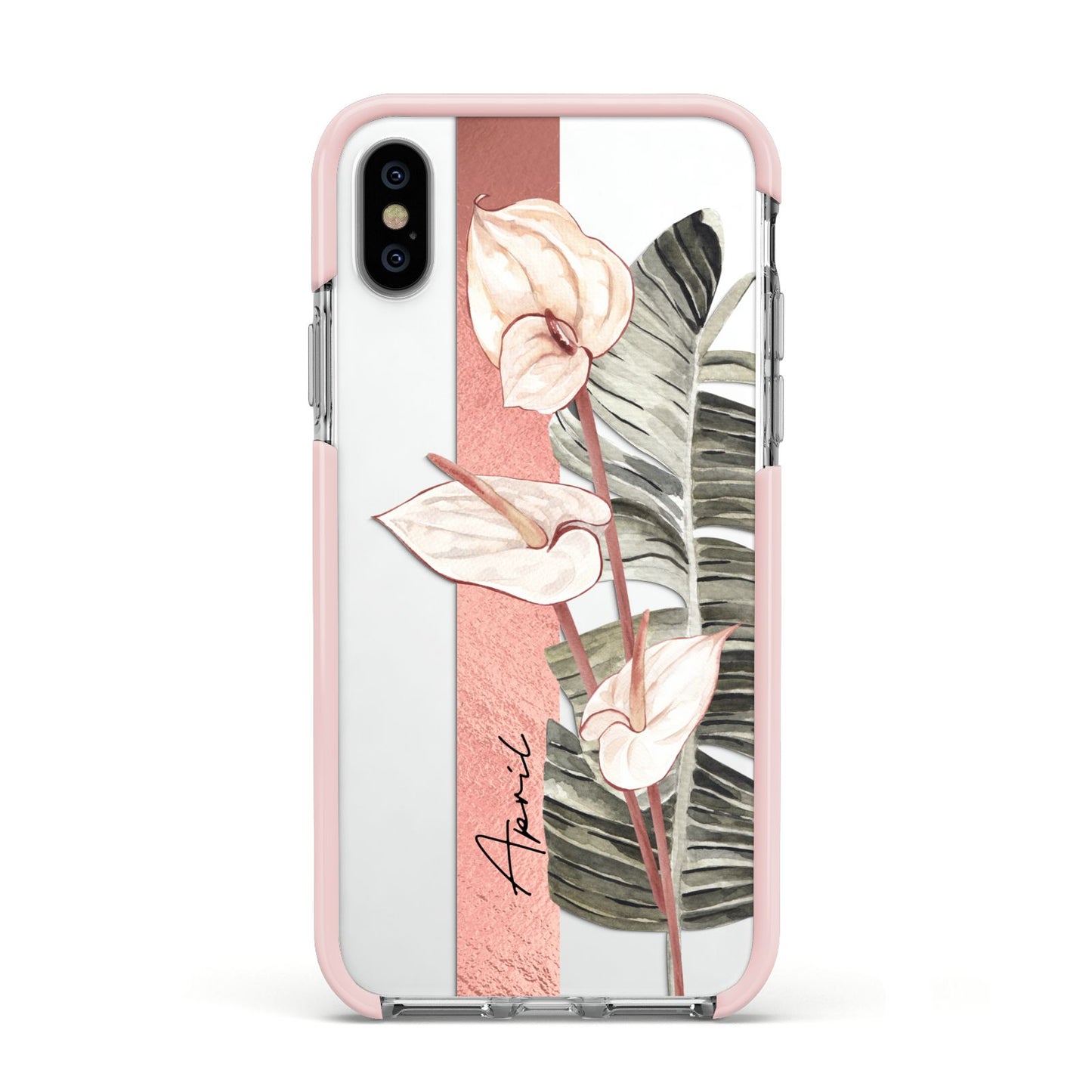 Personalised Anthurium Apple iPhone Xs Impact Case Pink Edge on Silver Phone