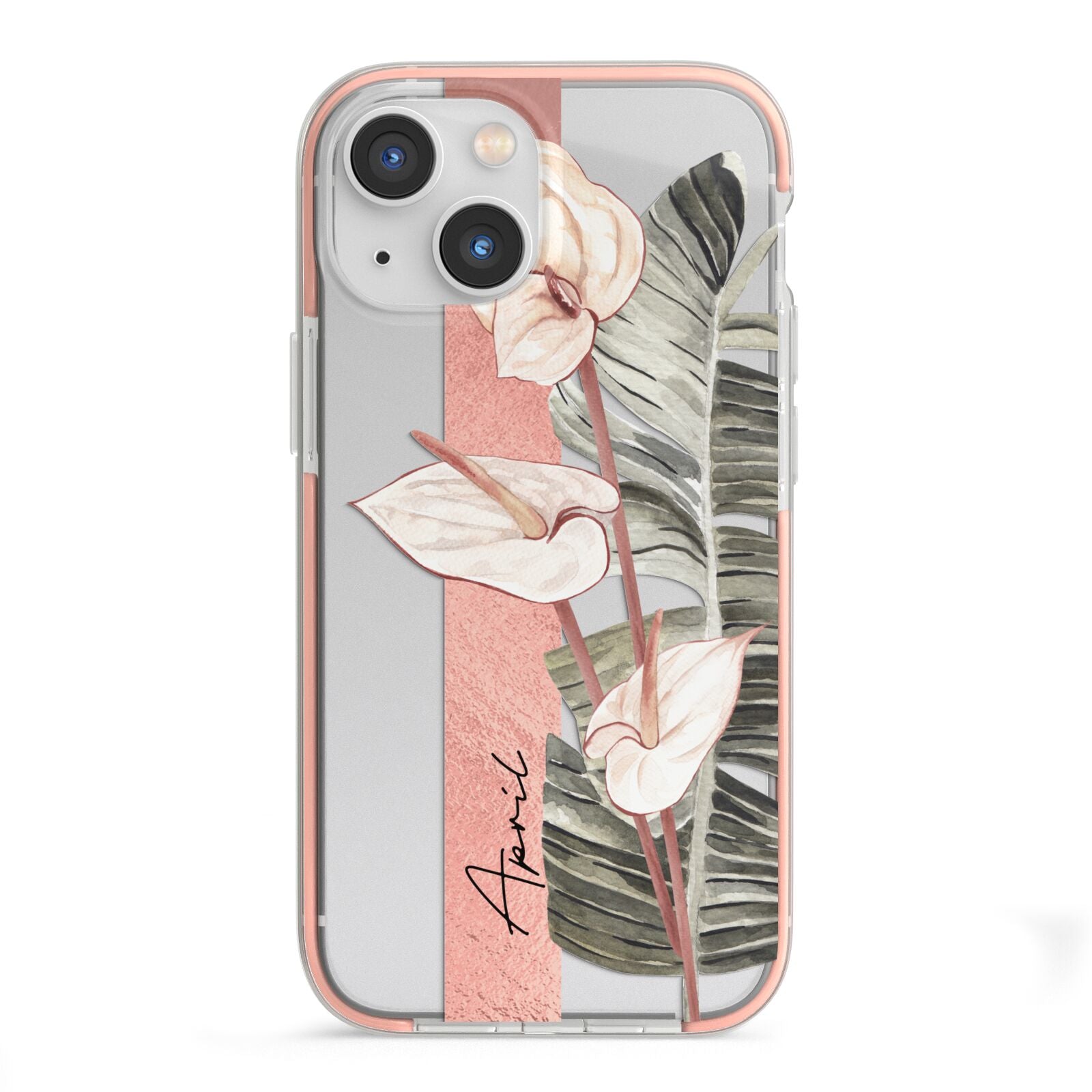 Personalised Anthurium iPhone 13 Mini TPU Impact Case with Pink Edges