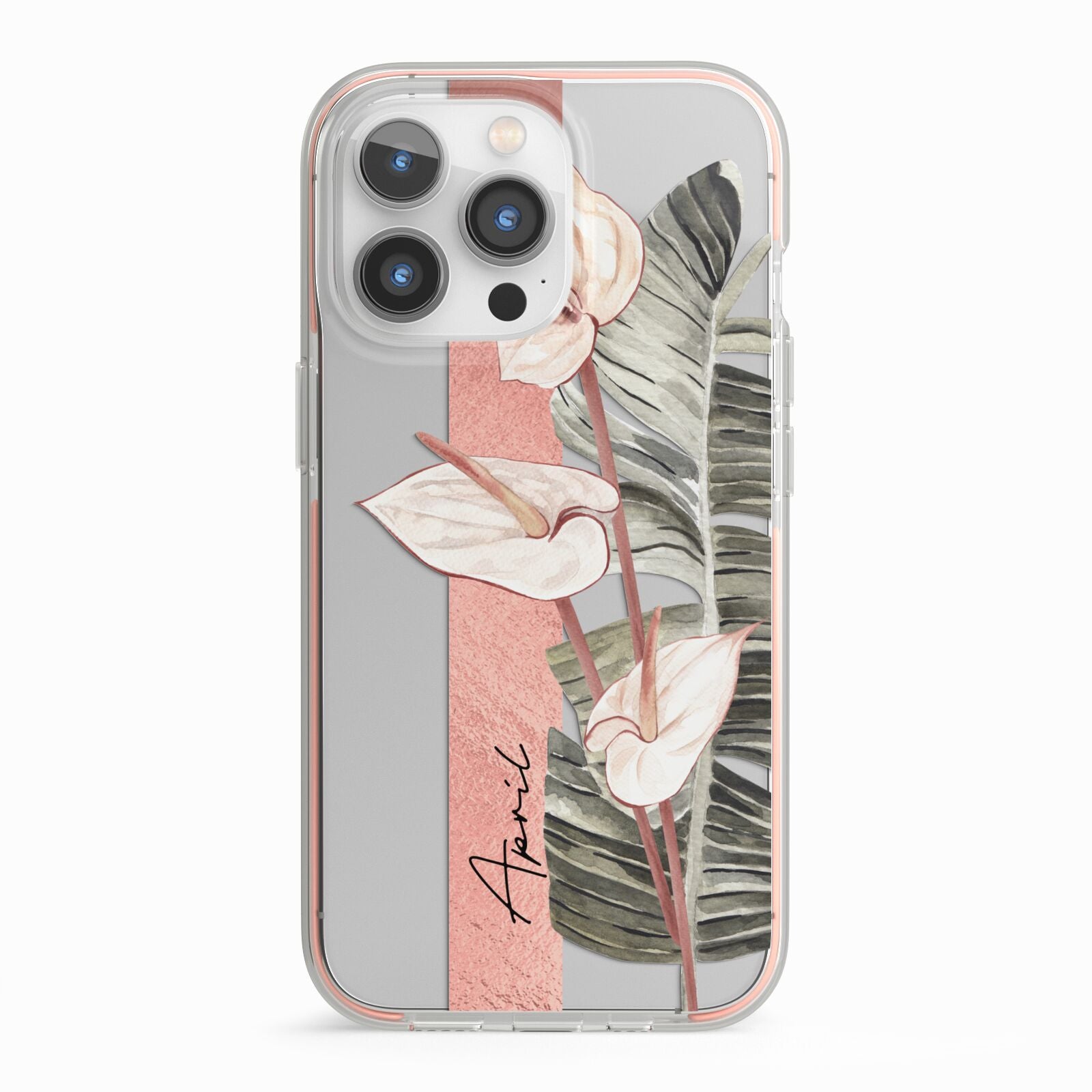 Personalised Anthurium iPhone 13 Pro TPU Impact Case with Pink Edges