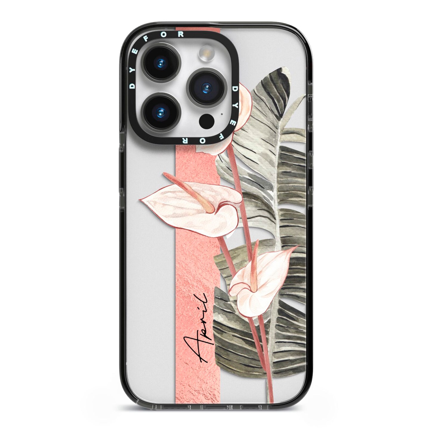 Personalised Anthurium iPhone 14 Pro Black Impact Case on Silver phone