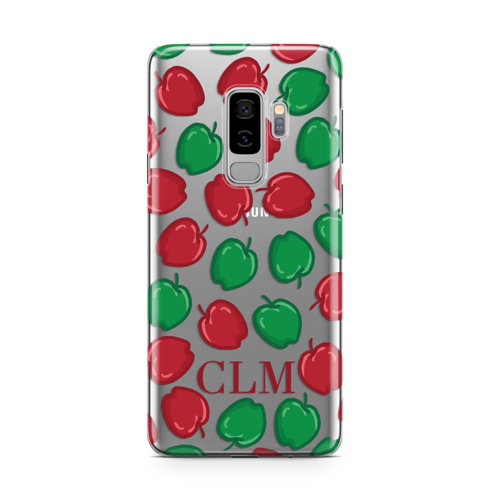 Personalised Apples Initials Clear Samsung Galaxy S9 Plus Case on Silver phone