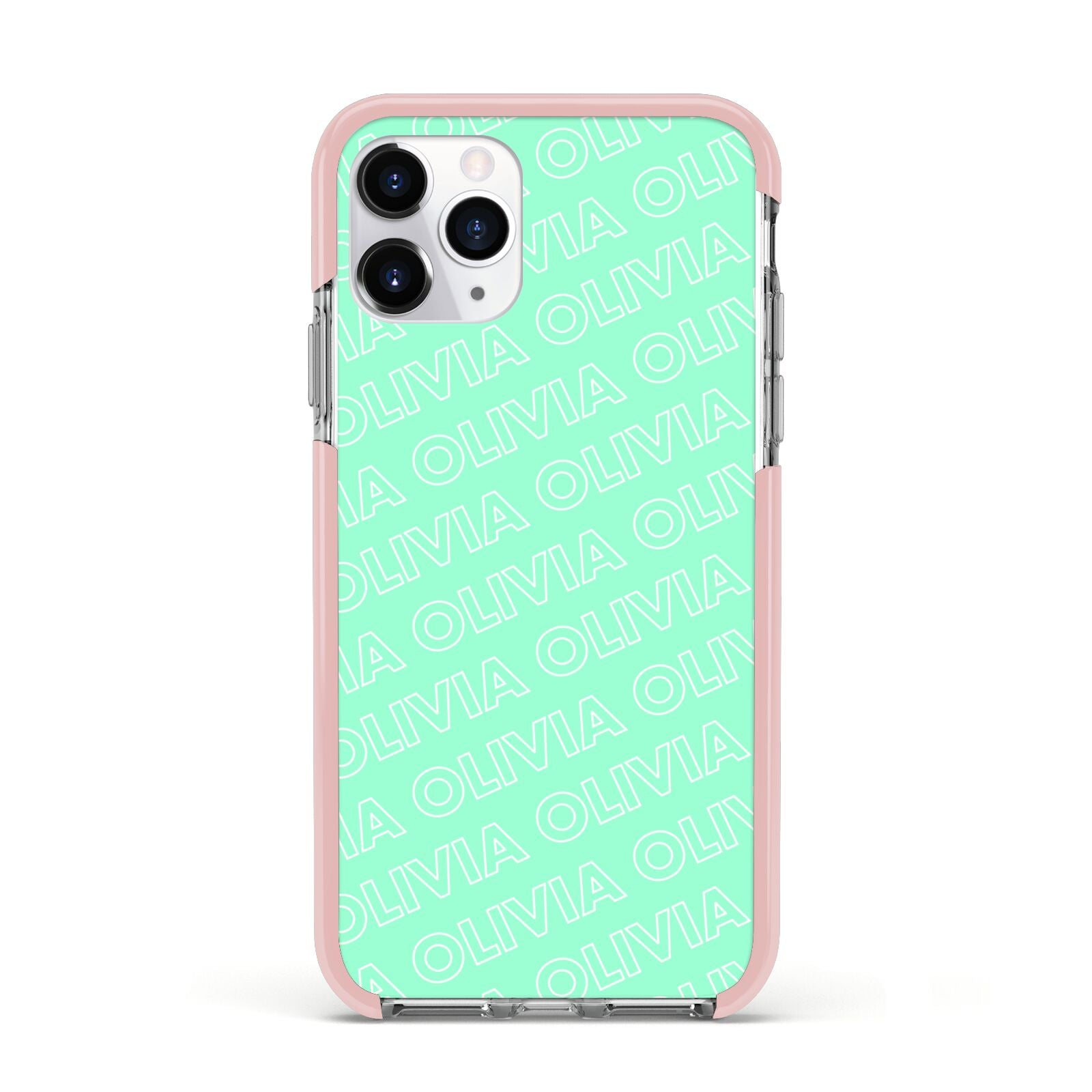Personalised Aqua Diagonal Name Apple iPhone 11 Pro in Silver with Pink Impact Case