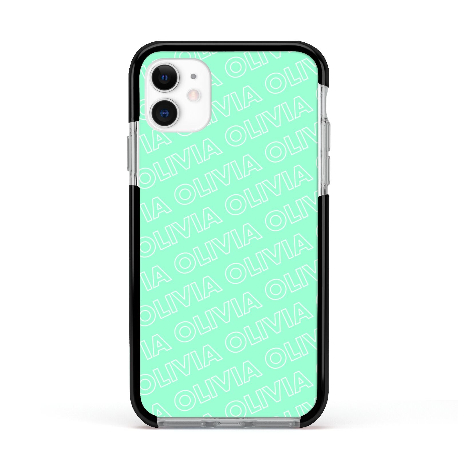 Personalised Aqua Diagonal Name Apple iPhone 11 in White with Black Impact Case