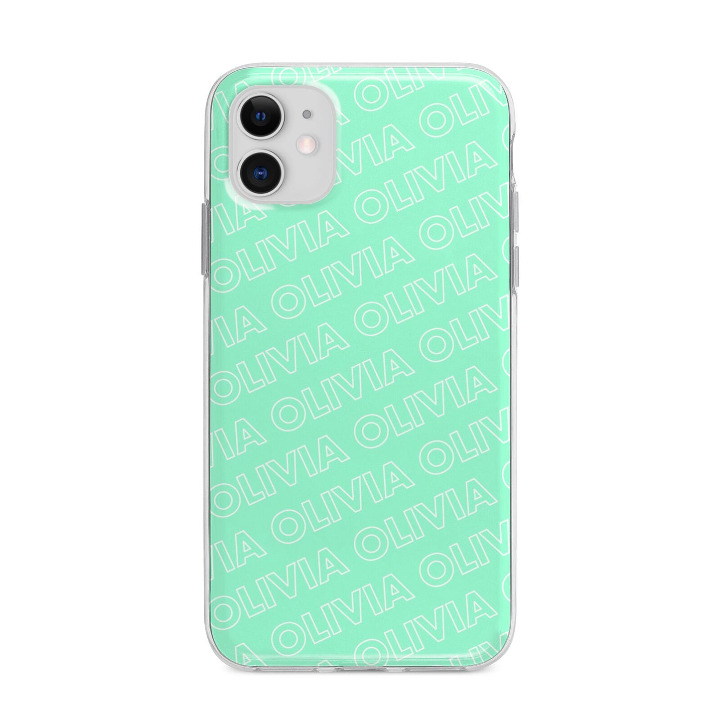 Personalised Aqua Diagonal Name Apple iPhone 11 in White with Bumper Case