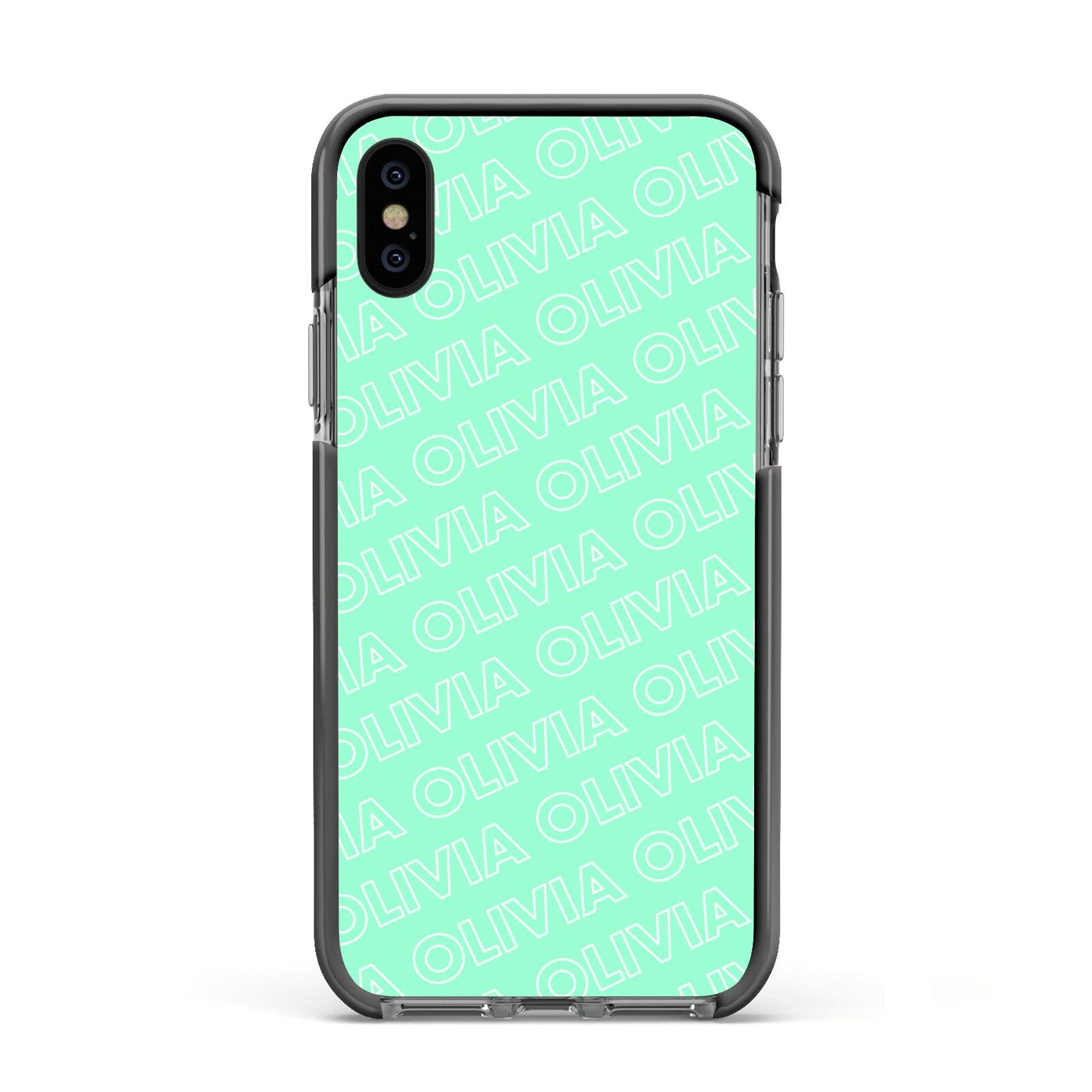 Personalised Aqua Diagonal Name Apple iPhone Xs Impact Case Black Edge on Black Phone