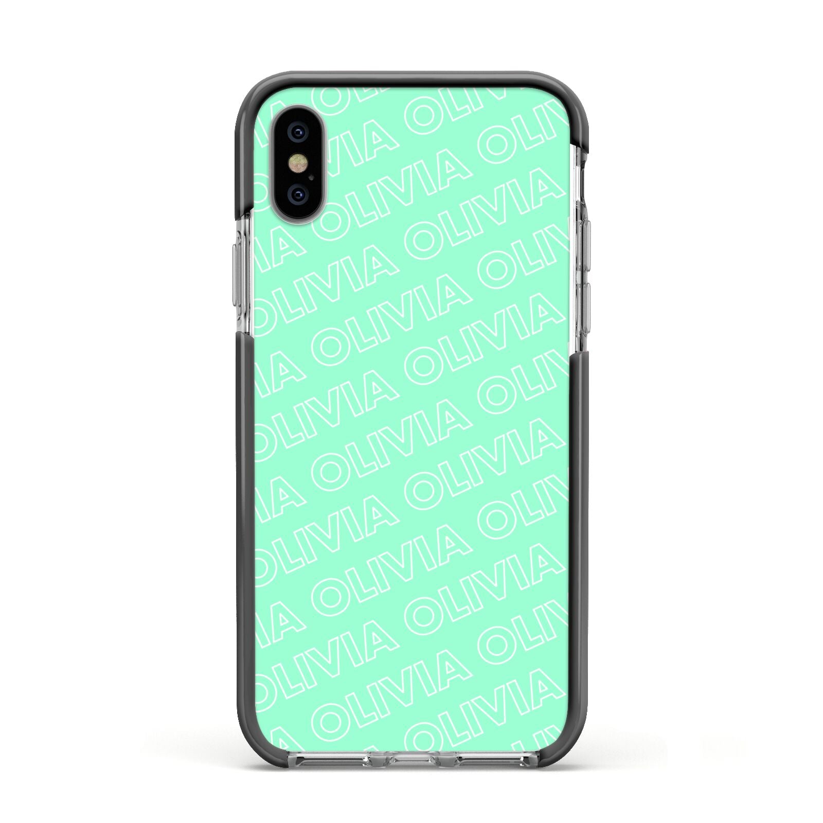 Personalised Aqua Diagonal Name Apple iPhone Xs Impact Case Black Edge on Silver Phone