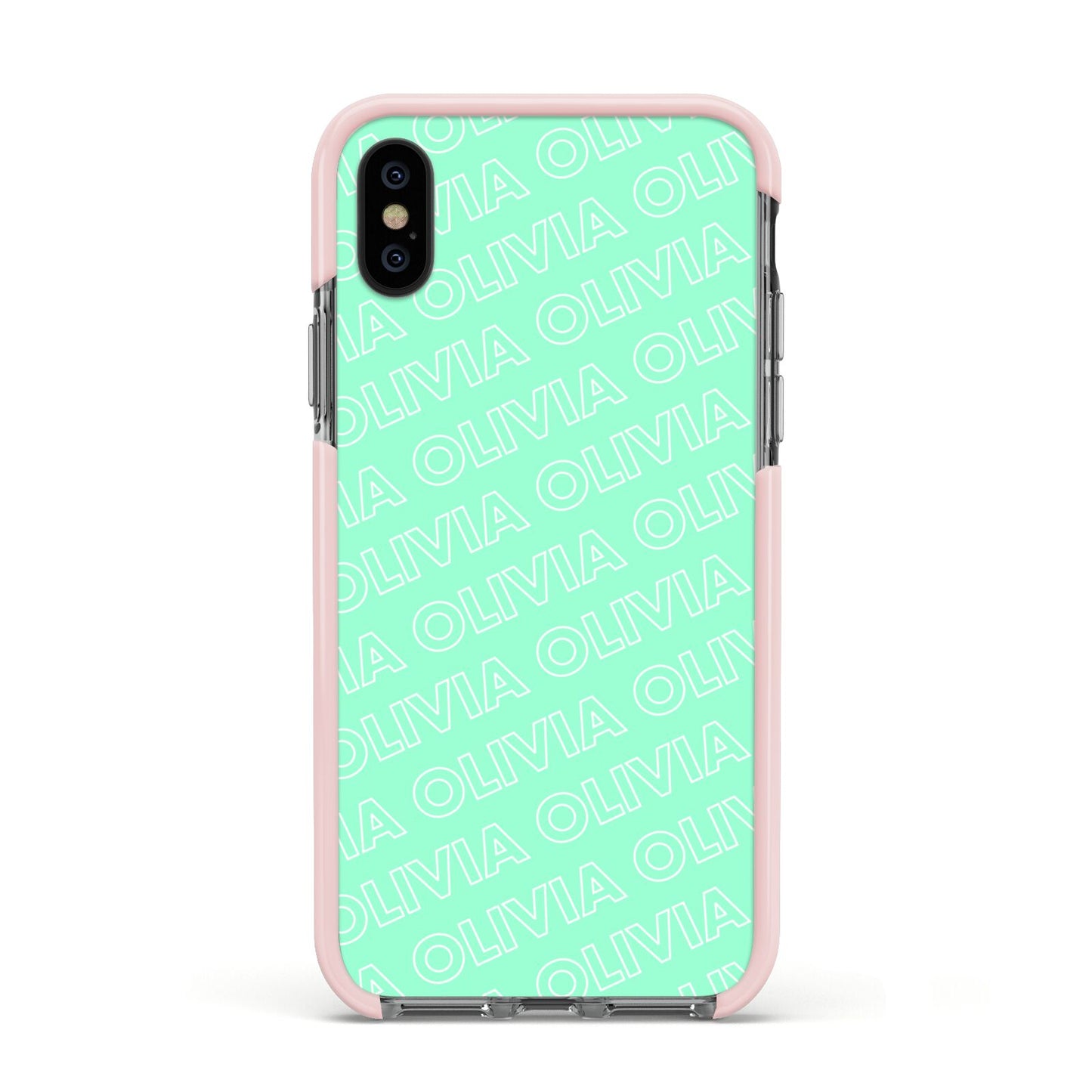 Personalised Aqua Diagonal Name Apple iPhone Xs Impact Case Pink Edge on Black Phone
