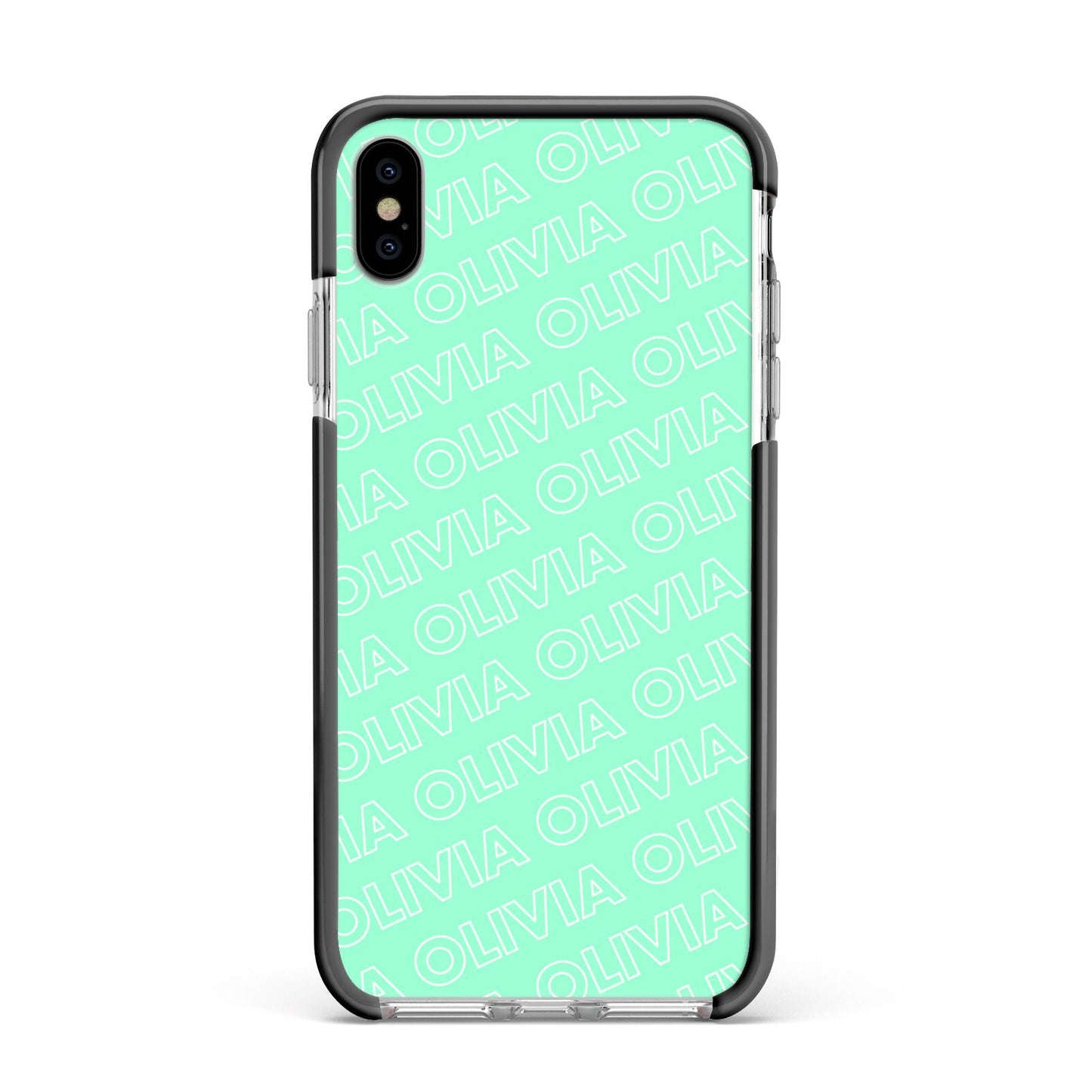 Personalised Aqua Diagonal Name Apple iPhone Xs Max Impact Case Black Edge on Silver Phone