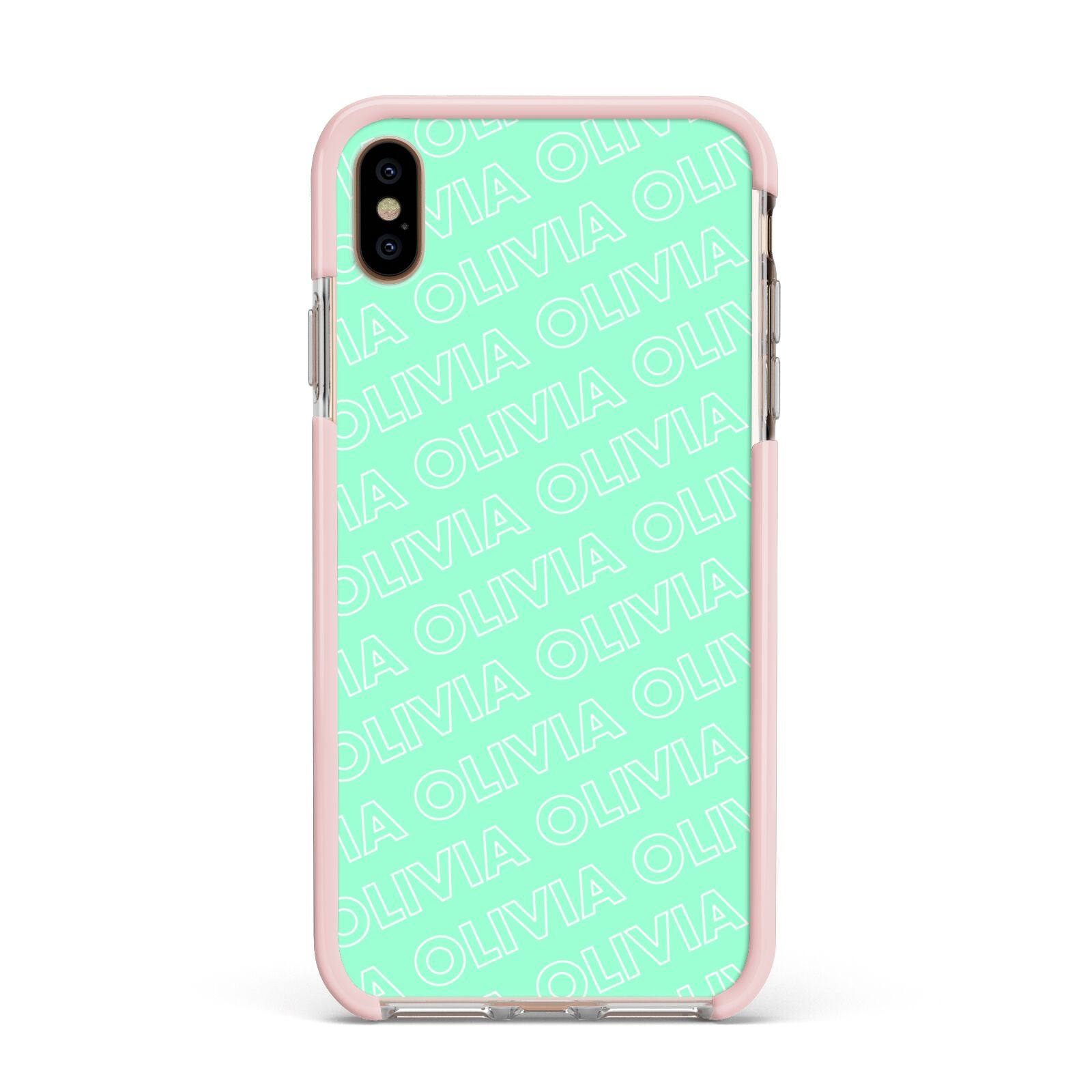 Personalised Aqua Diagonal Name Apple iPhone Xs Max Impact Case Pink Edge on Gold Phone