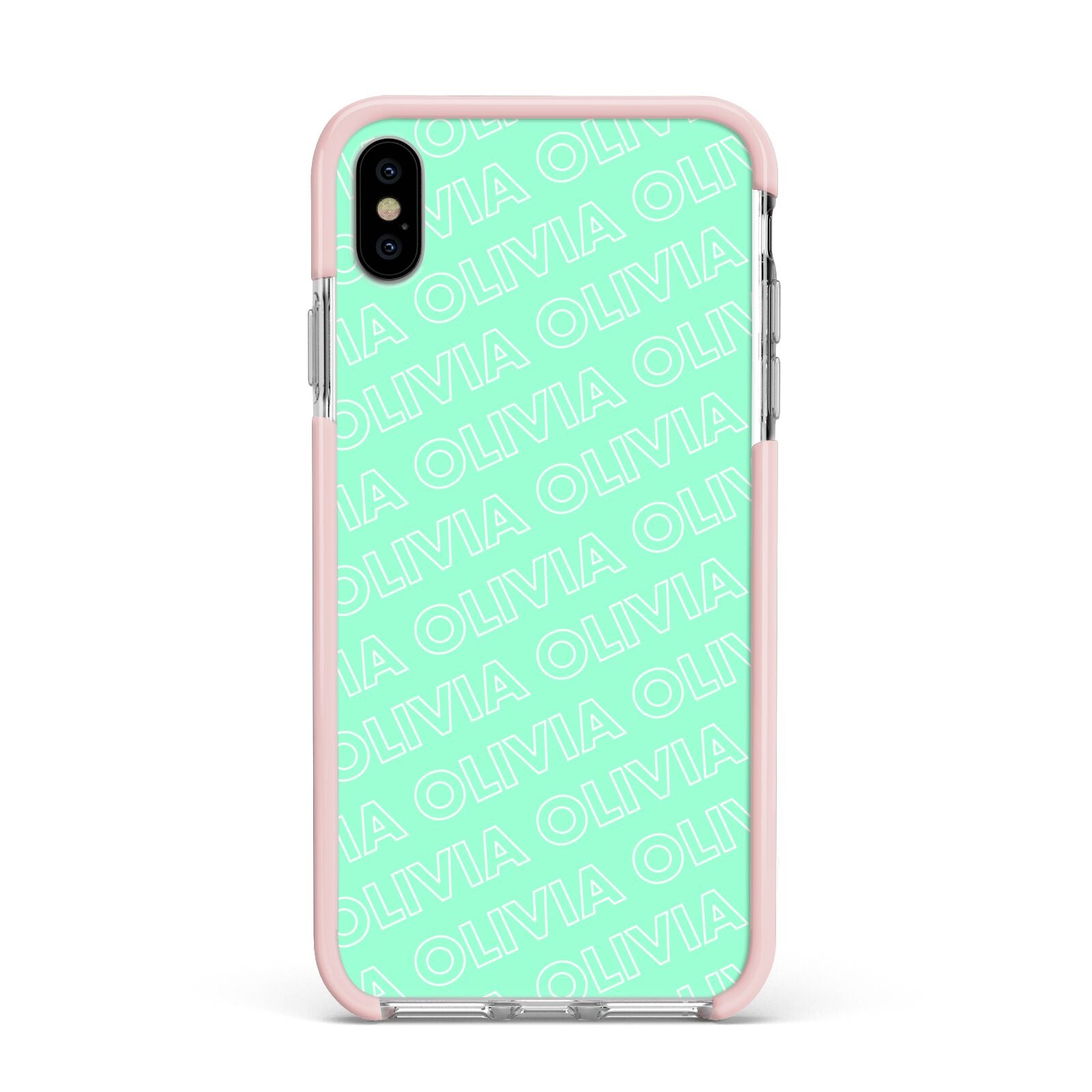 Personalised Aqua Diagonal Name Apple iPhone Xs Max Impact Case Pink Edge on Silver Phone