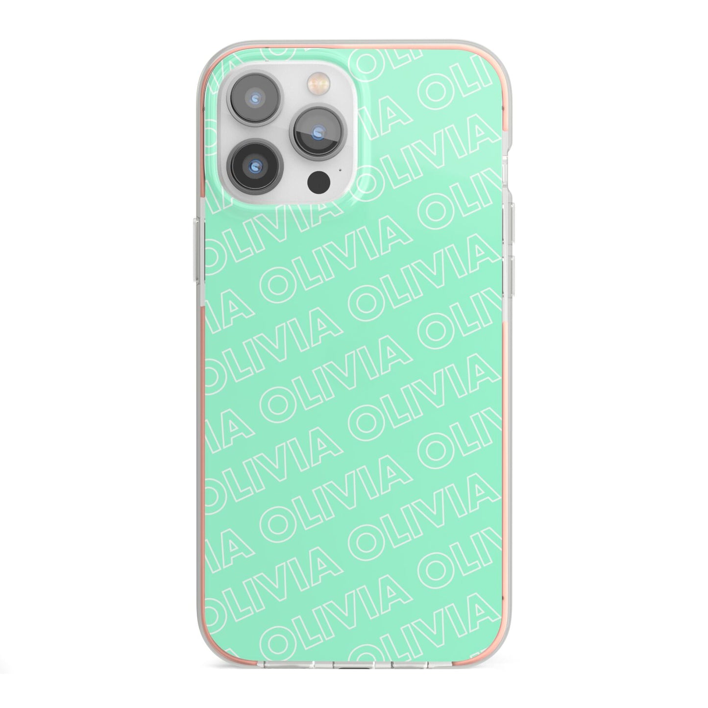 Personalised Aqua Diagonal Name iPhone 13 Pro Max TPU Impact Case with Pink Edges