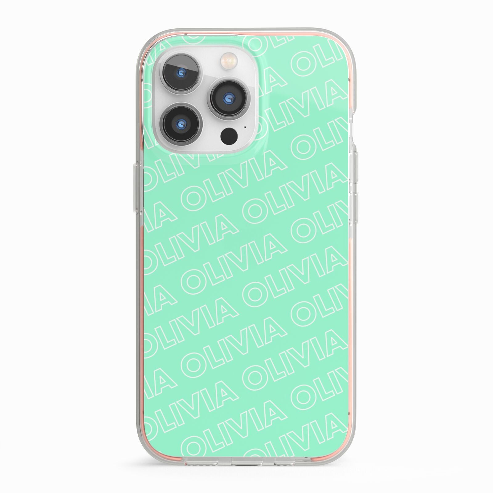 Personalised Aqua Diagonal Name iPhone 13 Pro TPU Impact Case with Pink Edges