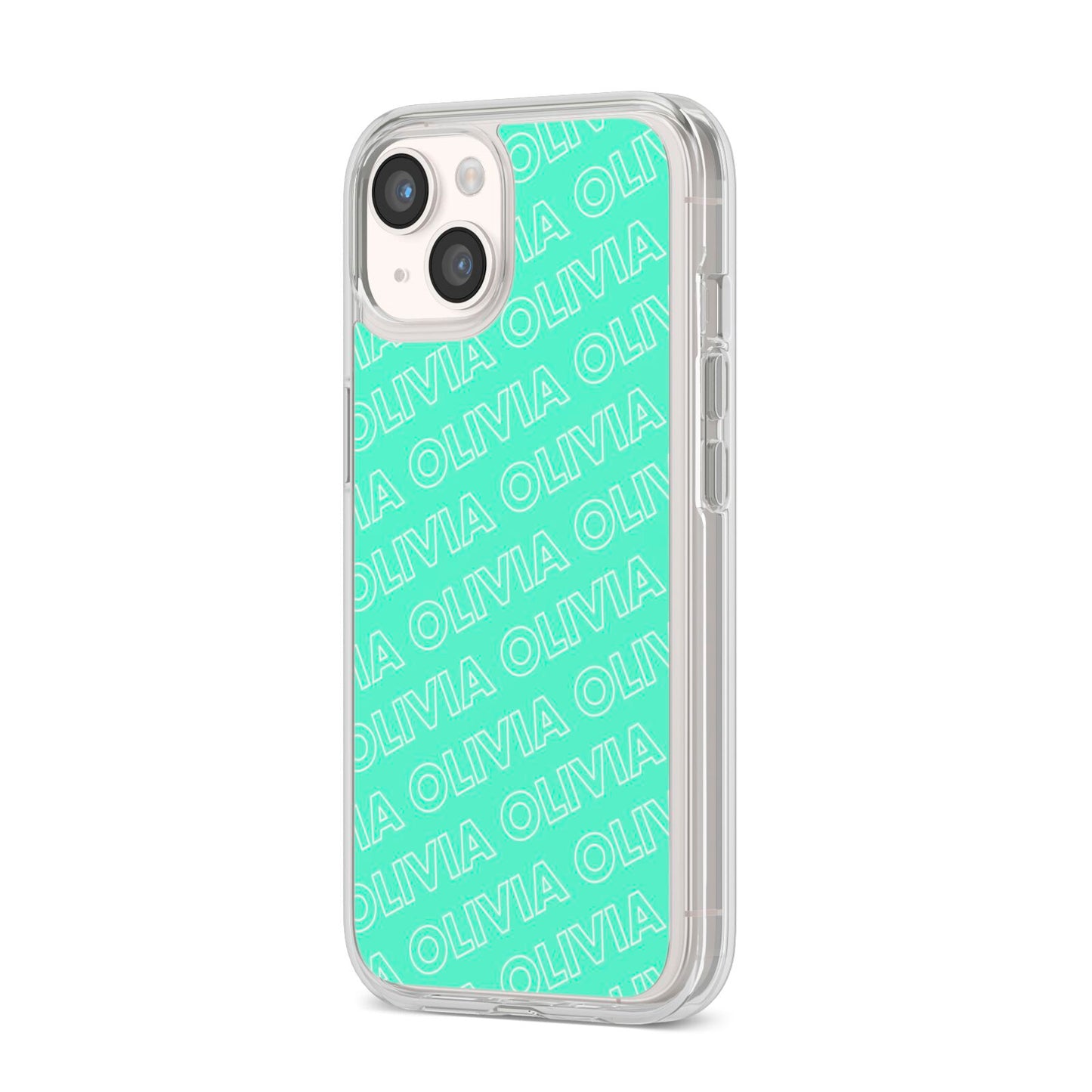 Personalised Aqua Diagonal Name iPhone 14 Clear Tough Case Starlight Angled Image