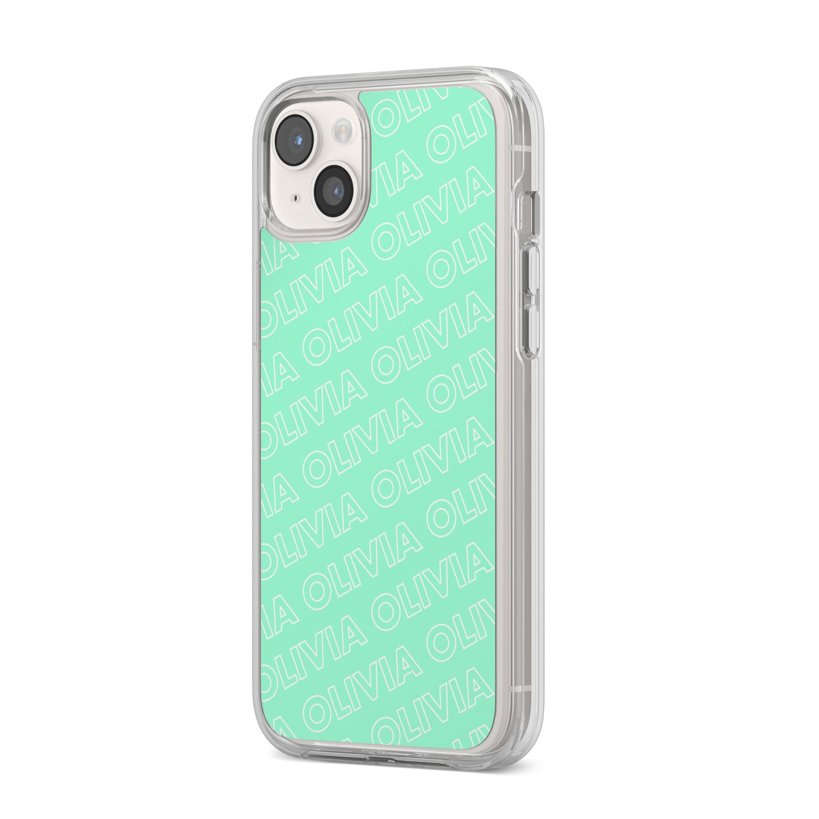 Personalised Aqua Diagonal Name iPhone 14 Plus Clear Tough Case Starlight Angled Image