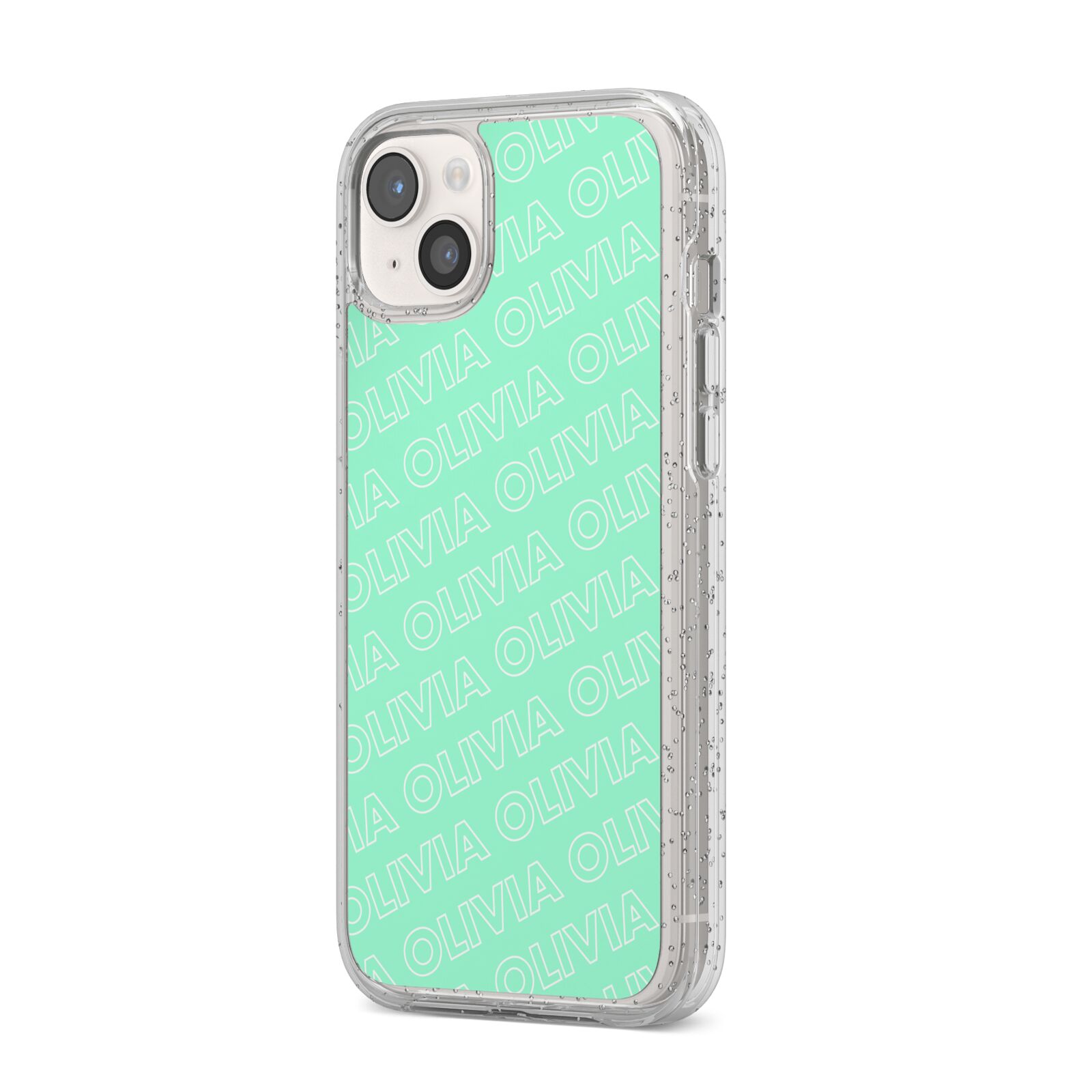 Personalised Aqua Diagonal Name iPhone 14 Plus Glitter Tough Case Starlight Angled Image