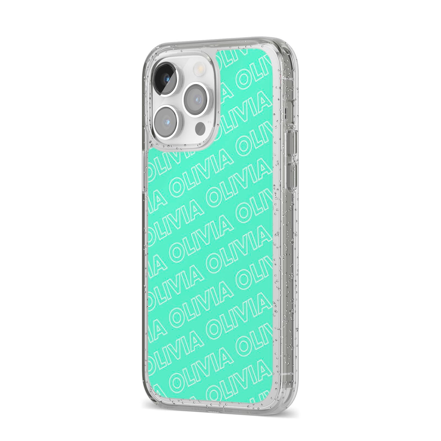 Personalised Aqua Diagonal Name iPhone 14 Pro Max Glitter Tough Case Silver Angled Image