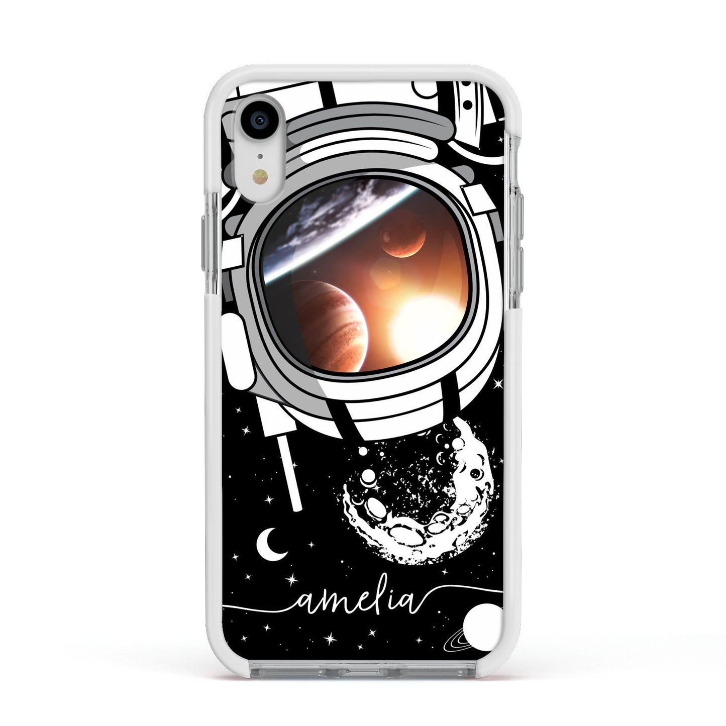 Personalised Astronaut in Space Name Apple iPhone XR Impact Case White Edge on Silver Phone