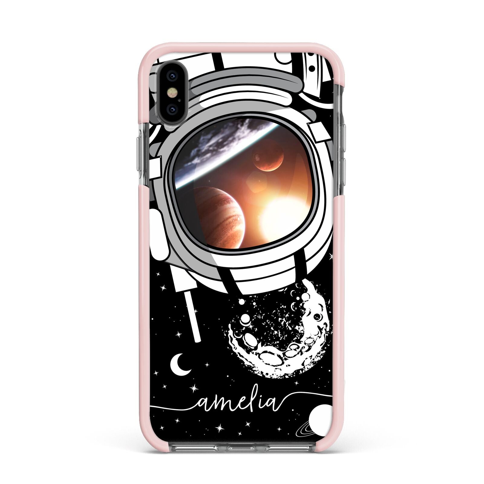 Personalised Astronaut in Space Name Apple iPhone Xs Max Impact Case Pink Edge on Black Phone