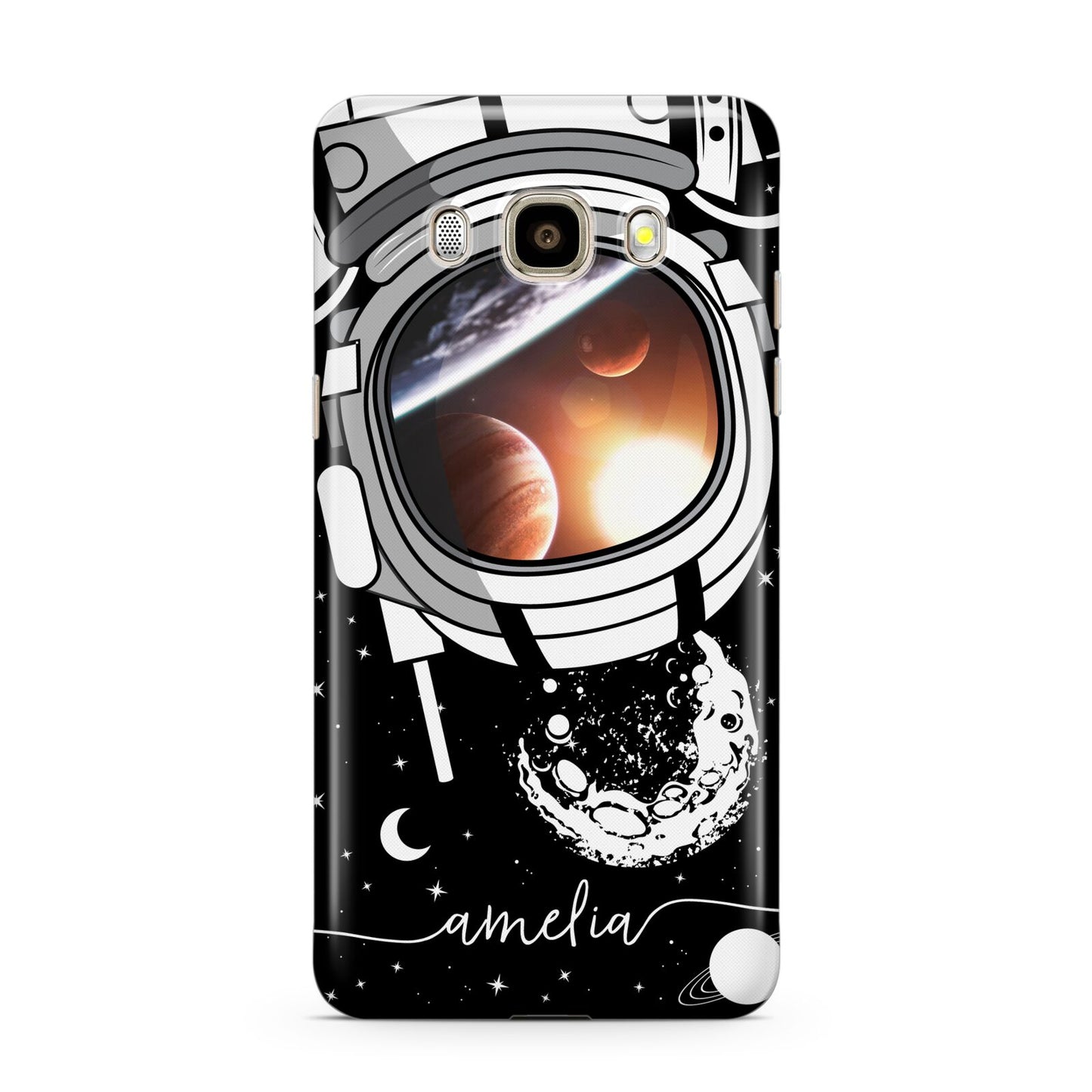 Personalised Astronaut in Space Name Samsung Galaxy J7 2016 Case on gold phone