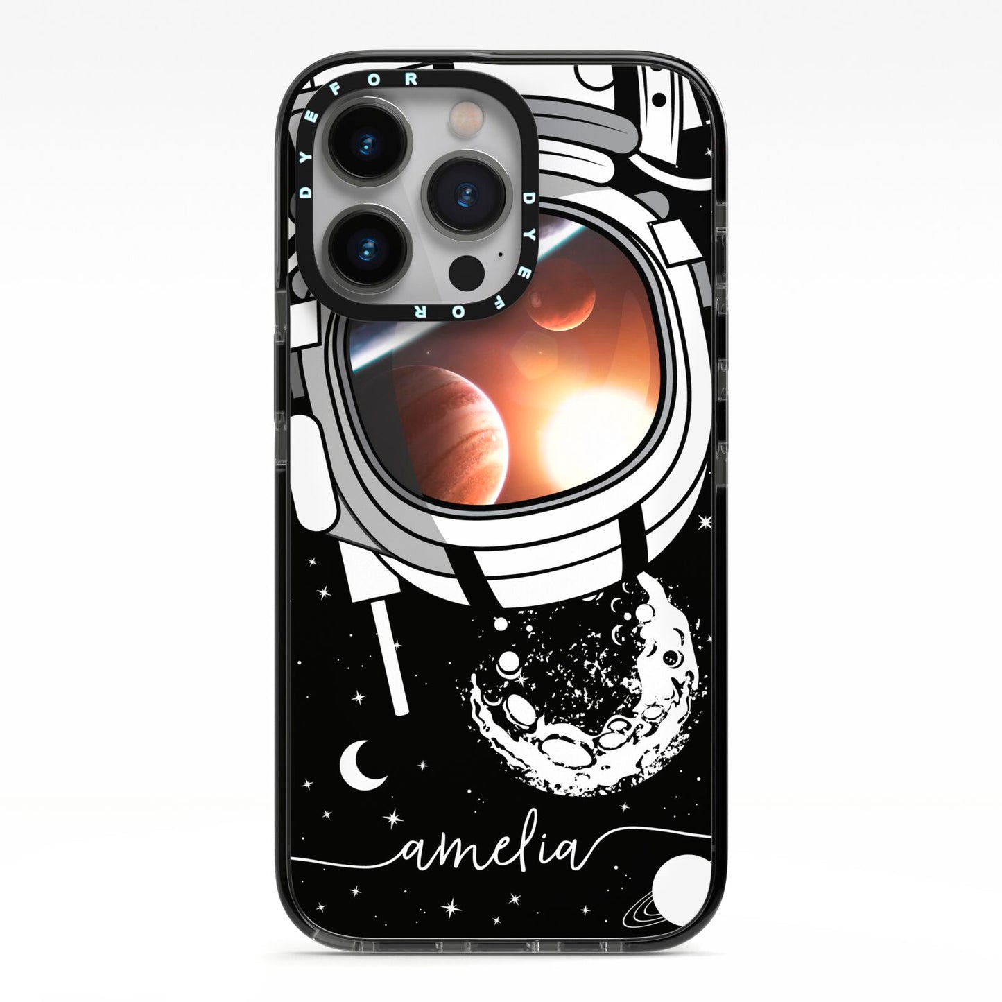 Personalised Astronaut in Space Name iPhone 13 Pro Black Impact Case on Silver phone