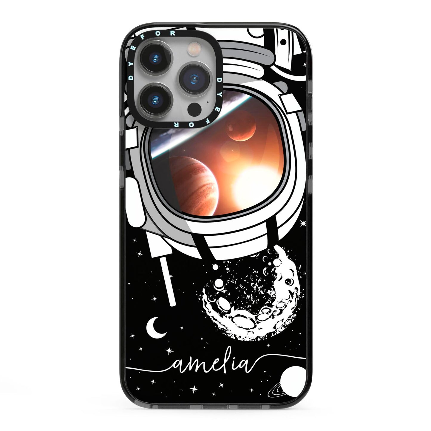 Personalised Astronaut in Space Name iPhone 13 Pro Max Black Impact Case on Silver phone