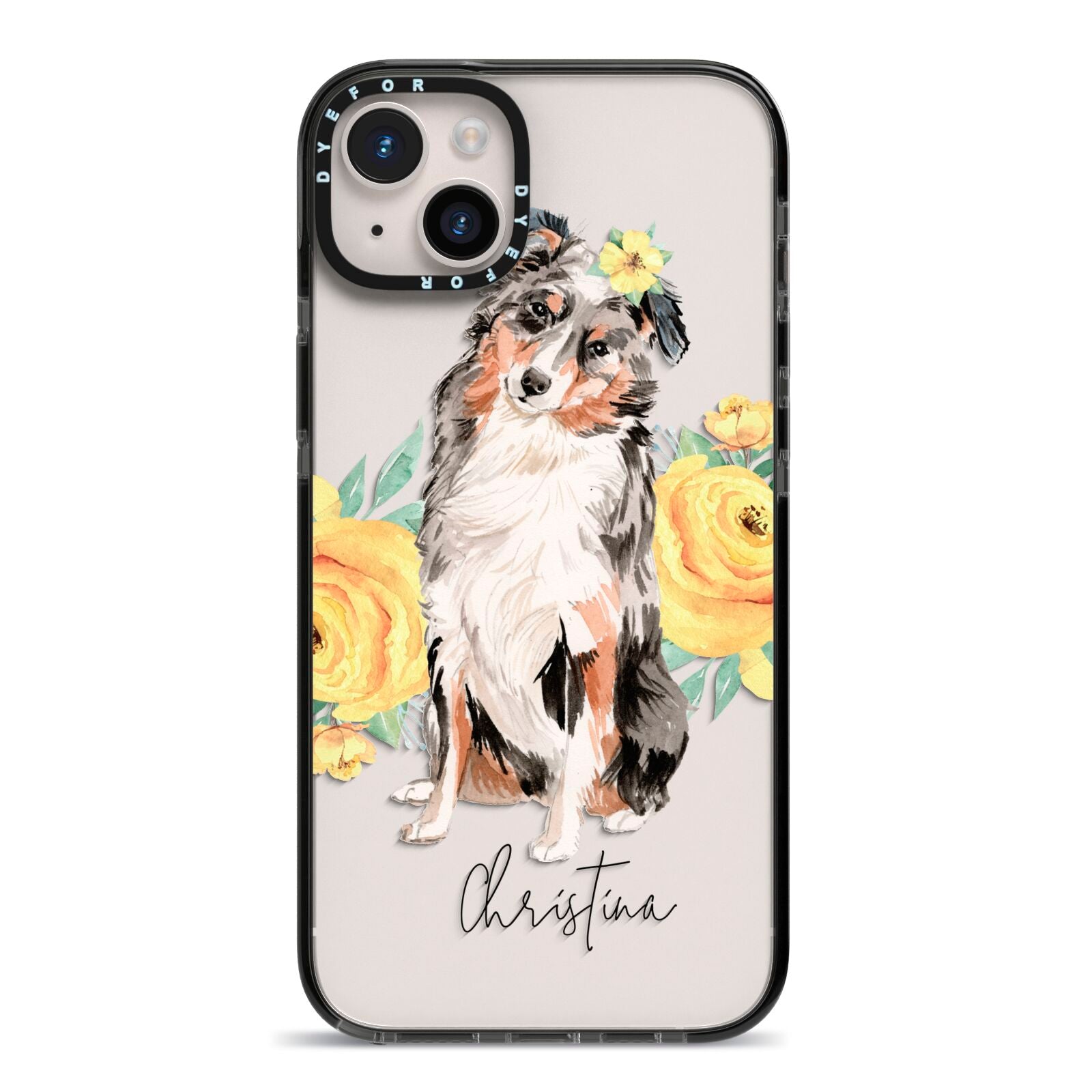 Personalised Australian Shepherd iPhone 14 Plus Black Impact Case on Silver phone