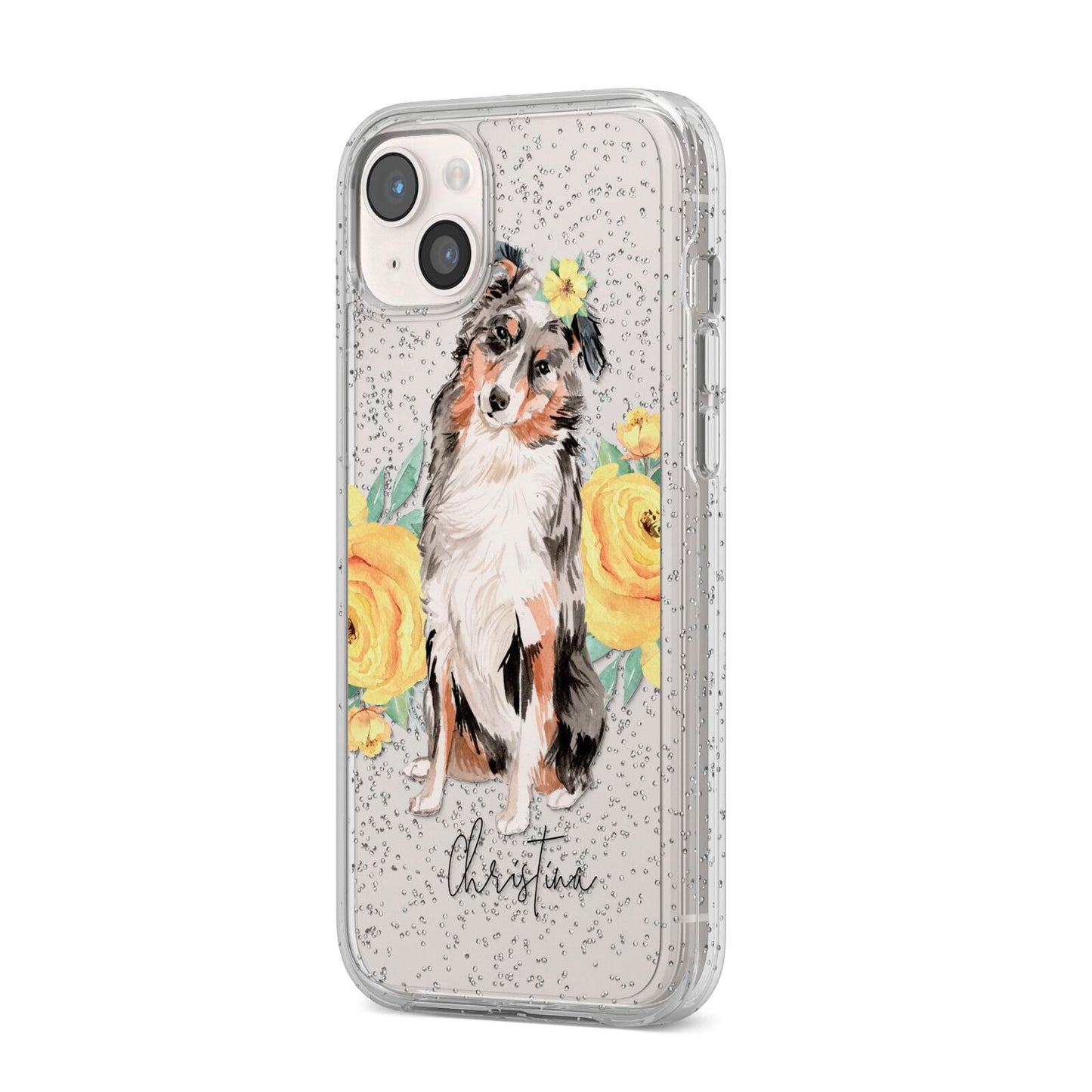 Personalised Australian Shepherd iPhone 14 Plus Glitter Tough Case Starlight Angled Image