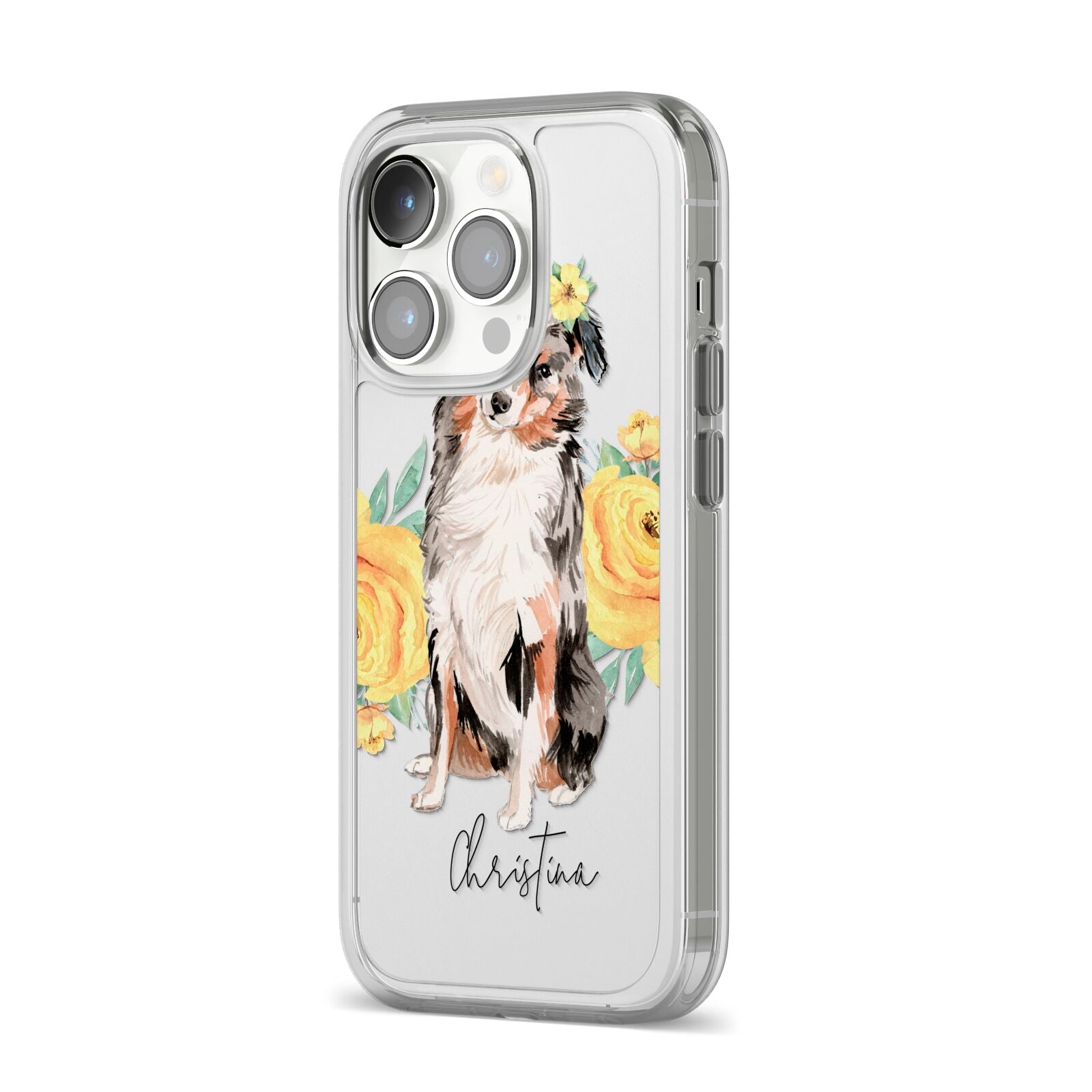Personalised Australian Shepherd iPhone 14 Pro Clear Tough Case Silver Angled Image