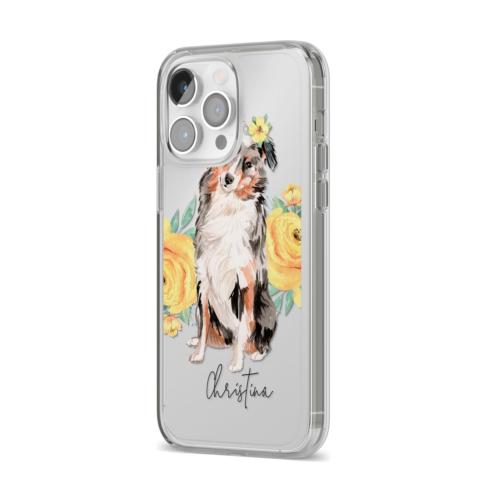 Personalised Australian Shepherd iPhone 14 Pro Max Clear Tough Case Silver Angled Image