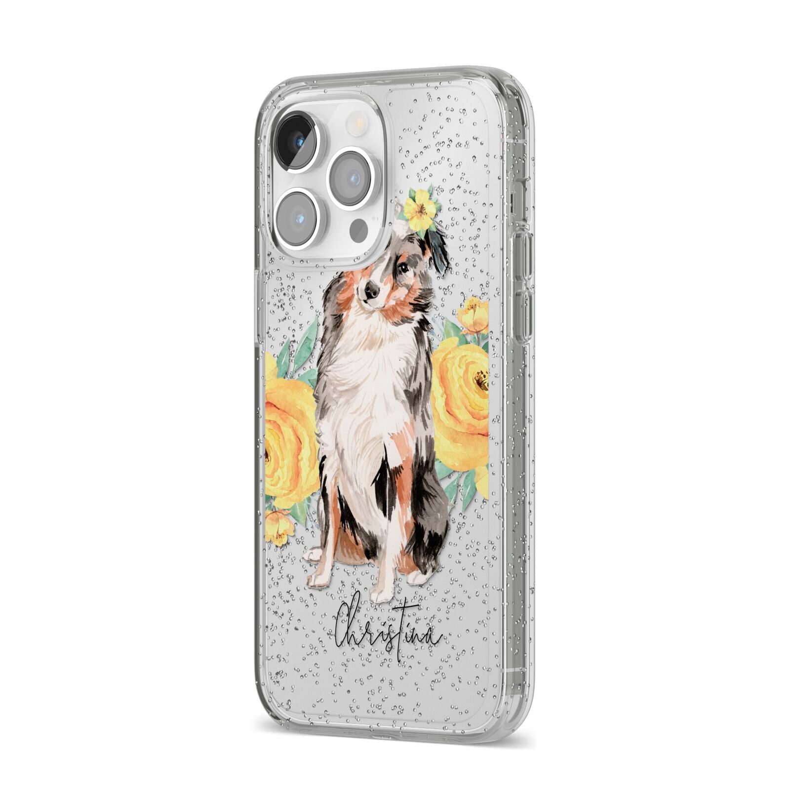 Personalised Australian Shepherd iPhone 14 Pro Max Glitter Tough Case Silver Angled Image