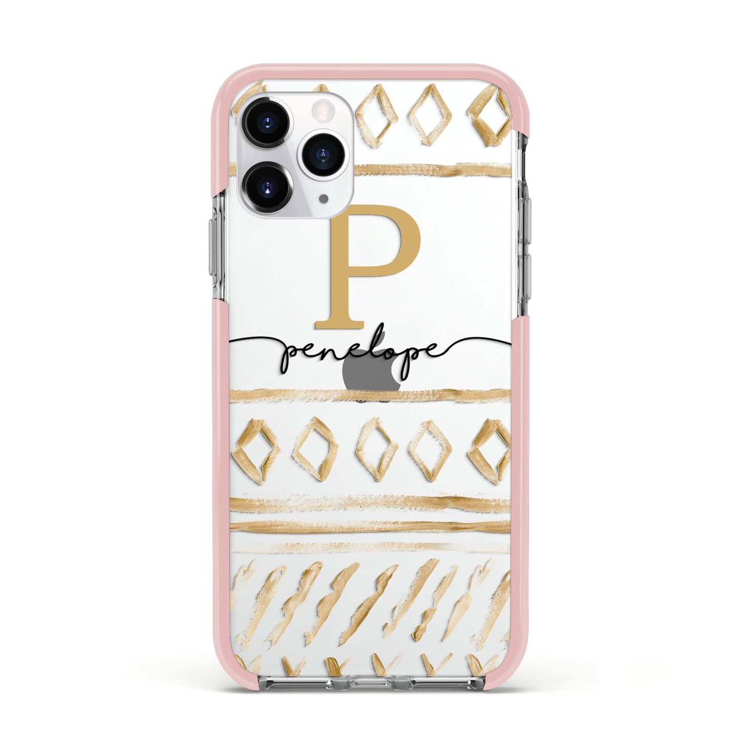 Personalised Aztec Gold Apple iPhone 11 Pro in Silver with Pink Impact Case