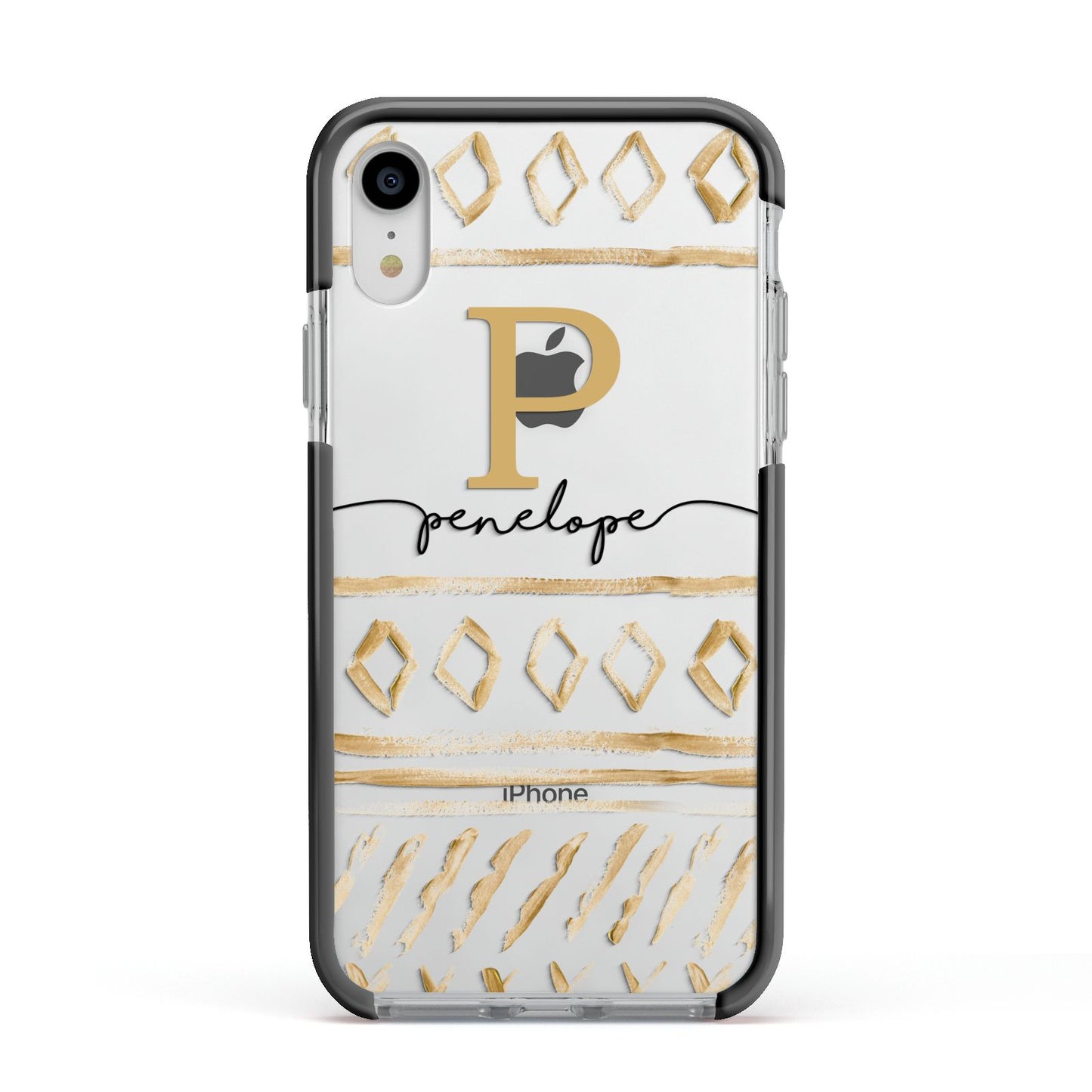 Personalised Aztec Gold Apple iPhone XR Impact Case Black Edge on Silver Phone