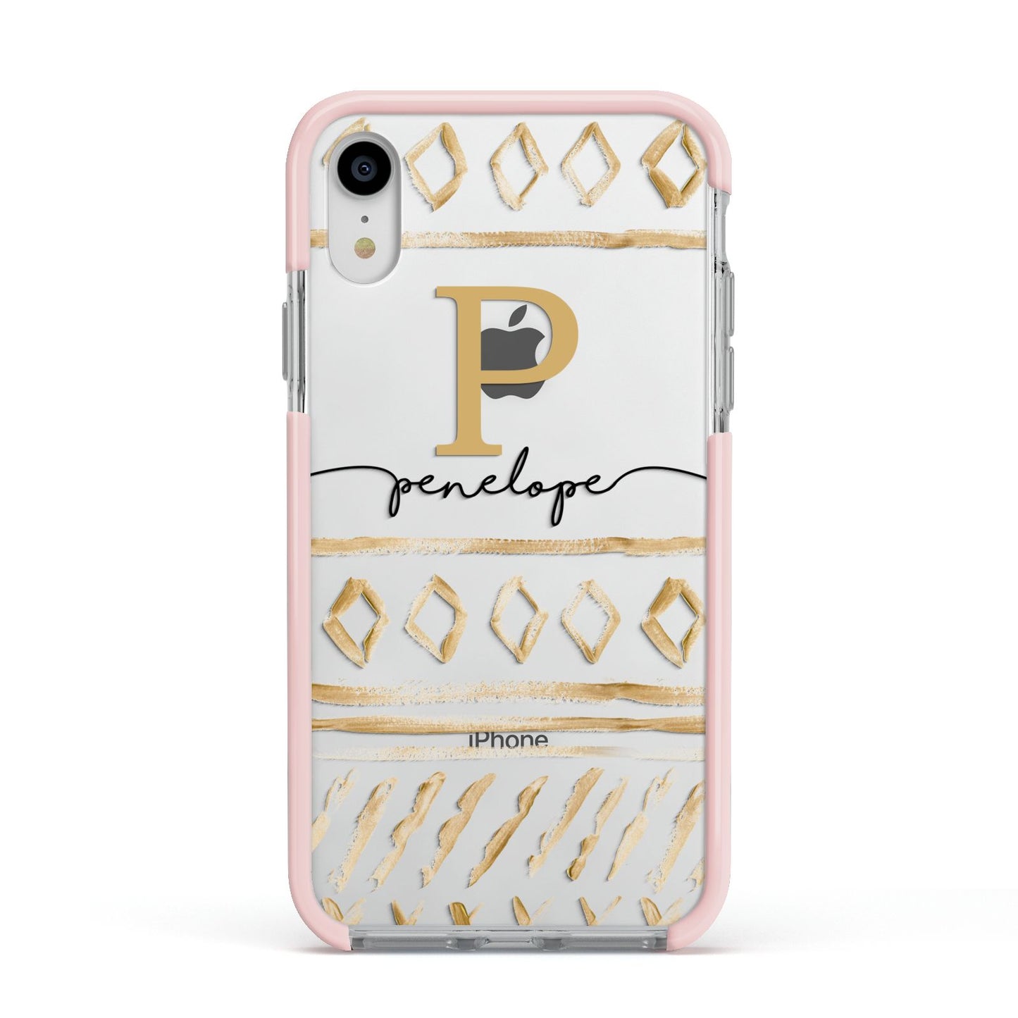 Personalised Aztec Gold Apple iPhone XR Impact Case Pink Edge on Silver Phone