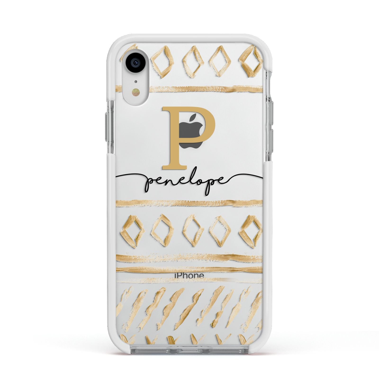 Personalised Aztec Gold Apple iPhone XR Impact Case White Edge on Silver Phone