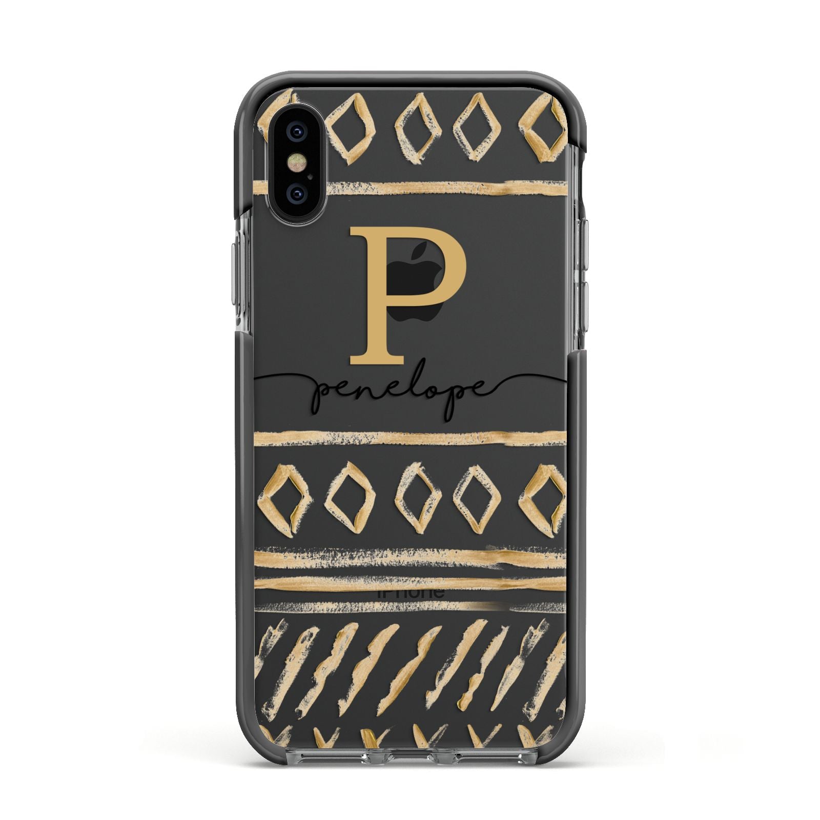 Personalised Aztec Gold Apple iPhone Xs Impact Case Black Edge on Black Phone