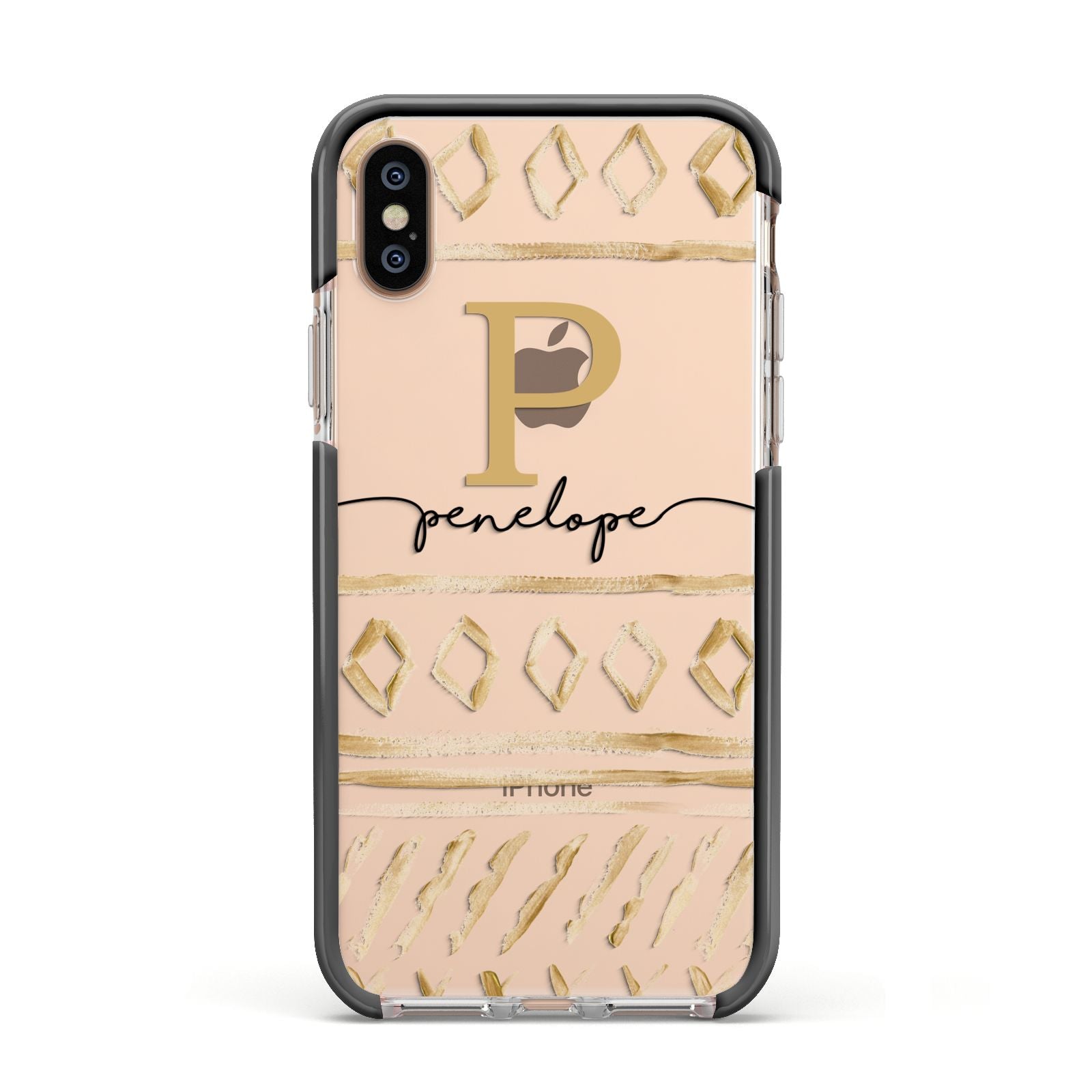 Personalised Aztec Gold Apple iPhone Xs Impact Case Black Edge on Gold Phone