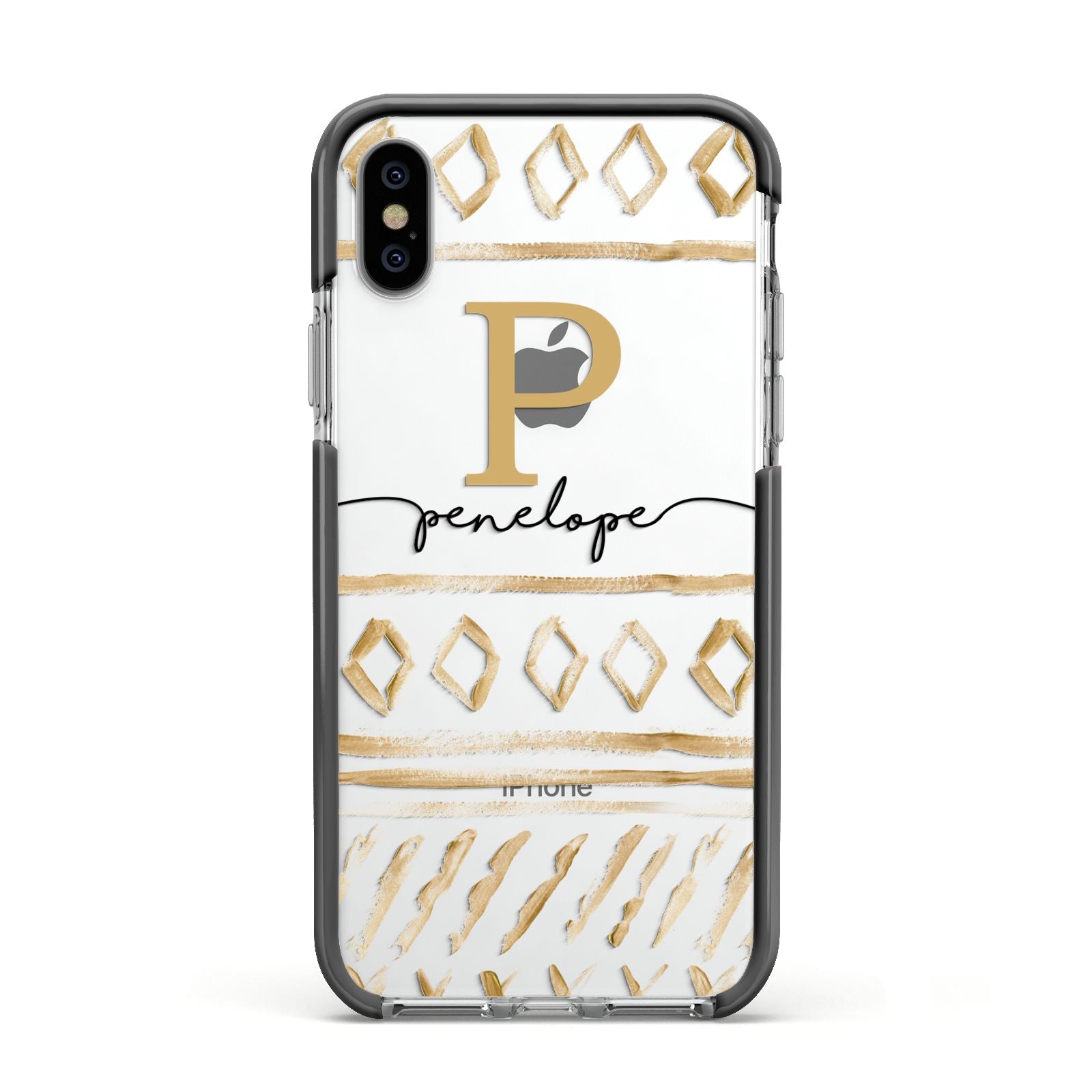 Personalised Aztec Gold Apple iPhone Xs Impact Case Black Edge on Silver Phone