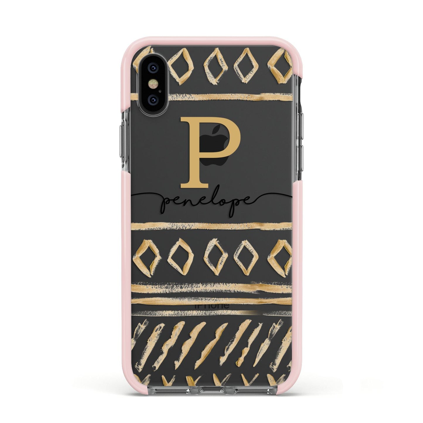 Personalised Aztec Gold Apple iPhone Xs Impact Case Pink Edge on Black Phone